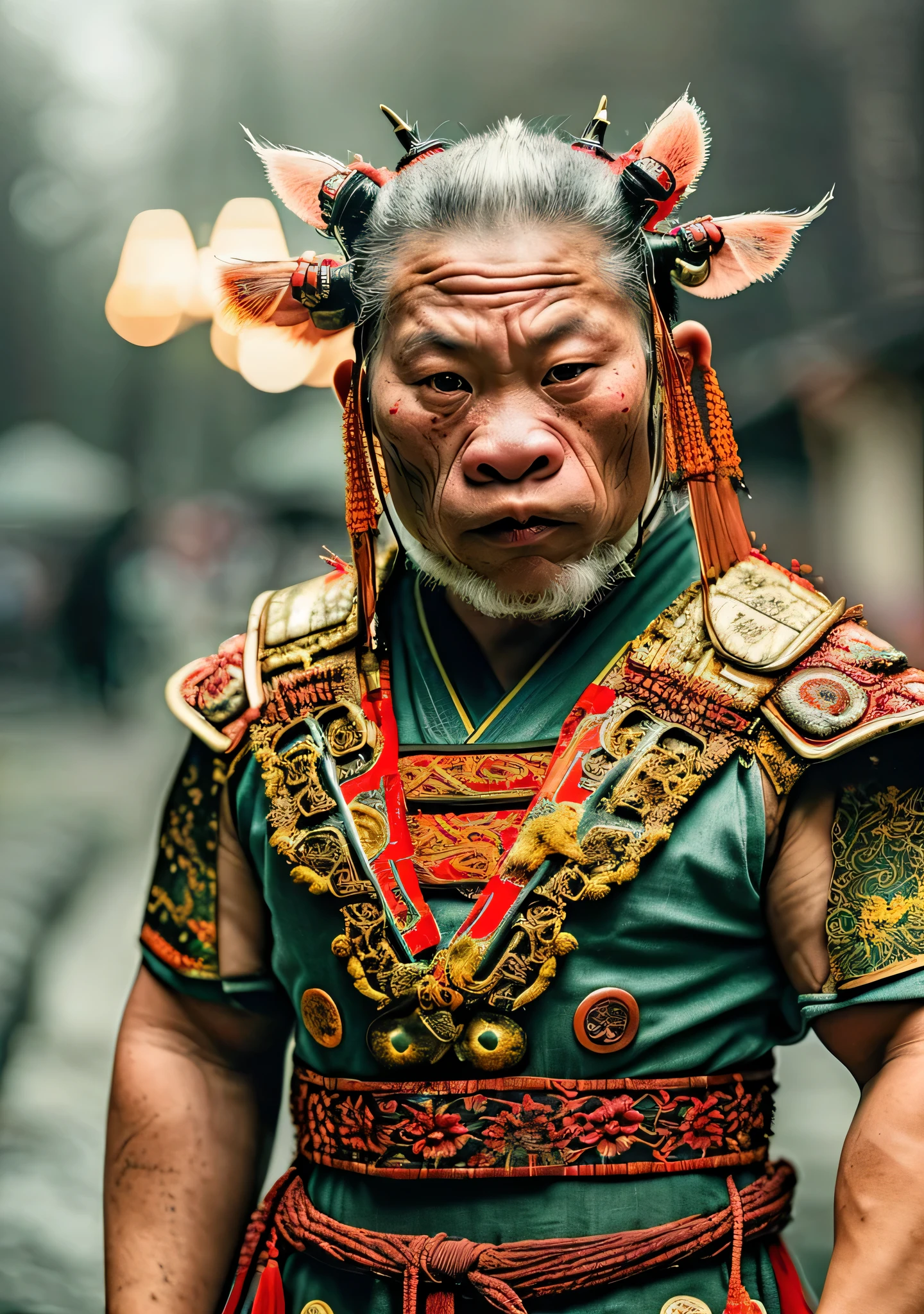 Close-up cleavage:Pig Man mixed blood warrior photo,8K,Legend of Zhu Bajie,There are scars on the face,((Japanese kimono,Expressions of anger)),Chop on the hand,top quality, light, threatening gesture, fierce look, epic atmosphere,, (((full-body shot))), cyborg, clockwork, ((intricate details)), Japanese Trade Zone, ((intricate details, Ultra-detailed)), incandescent lamp, movie shot, vignette, Bokeh effect background, (full-body shot).