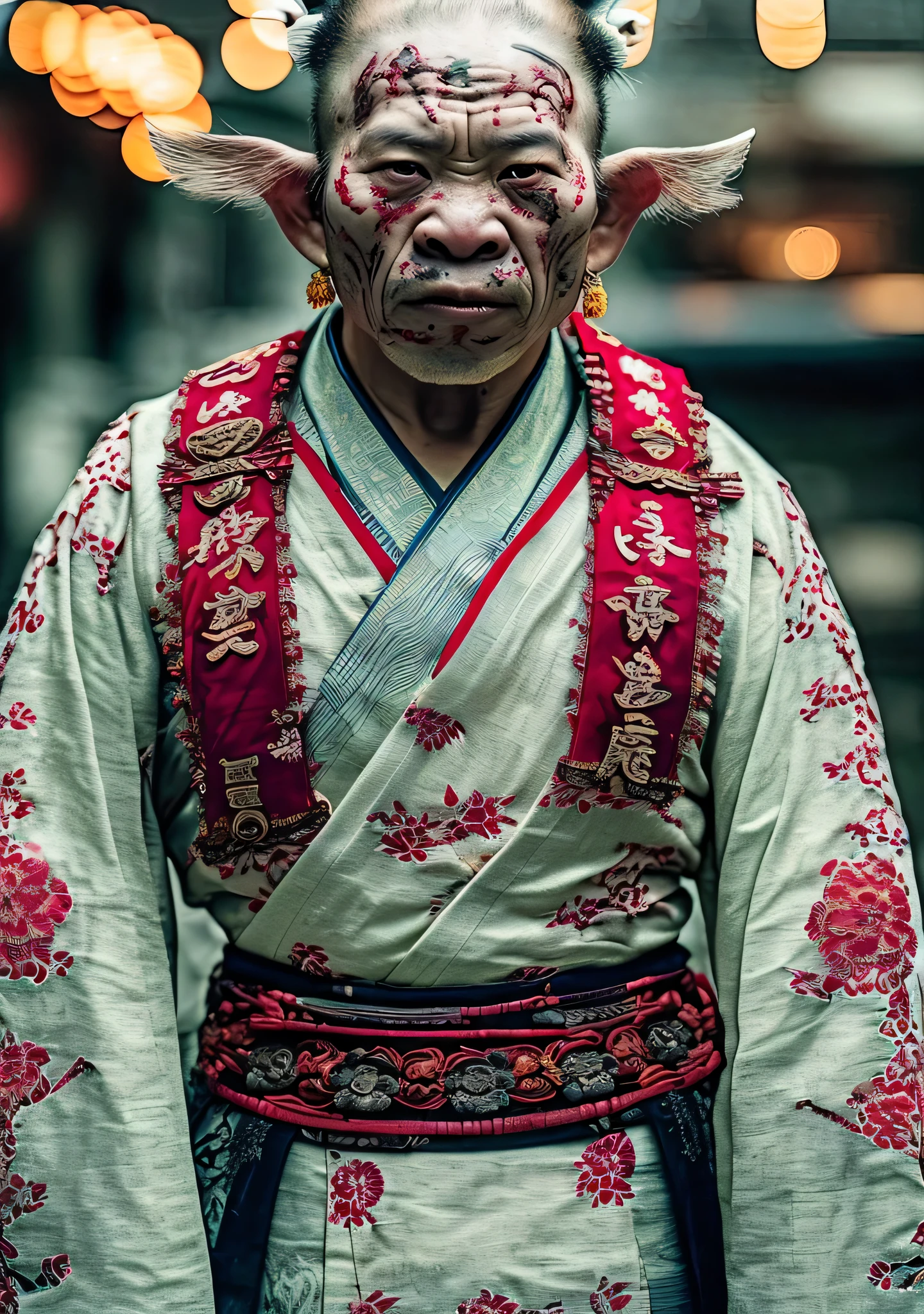 Close-up cleavage：Pig Man mixed blood warrior photo，8K，Legend of Zhu Bajie，There are scars on the face，((Japanese kimono，Expressions of anger)),Chop on the hand，top quality, light, threatening gesture, fierce look, epic atmosphere,, (((full-body shot))), cyborg, clockwork, ((intricate details)), Japanese Trade Zone, ((intricate details, Ultra-detailed)), incandescent lamp, movie shot, vignette, Bokeh effect background, (full-body shot).