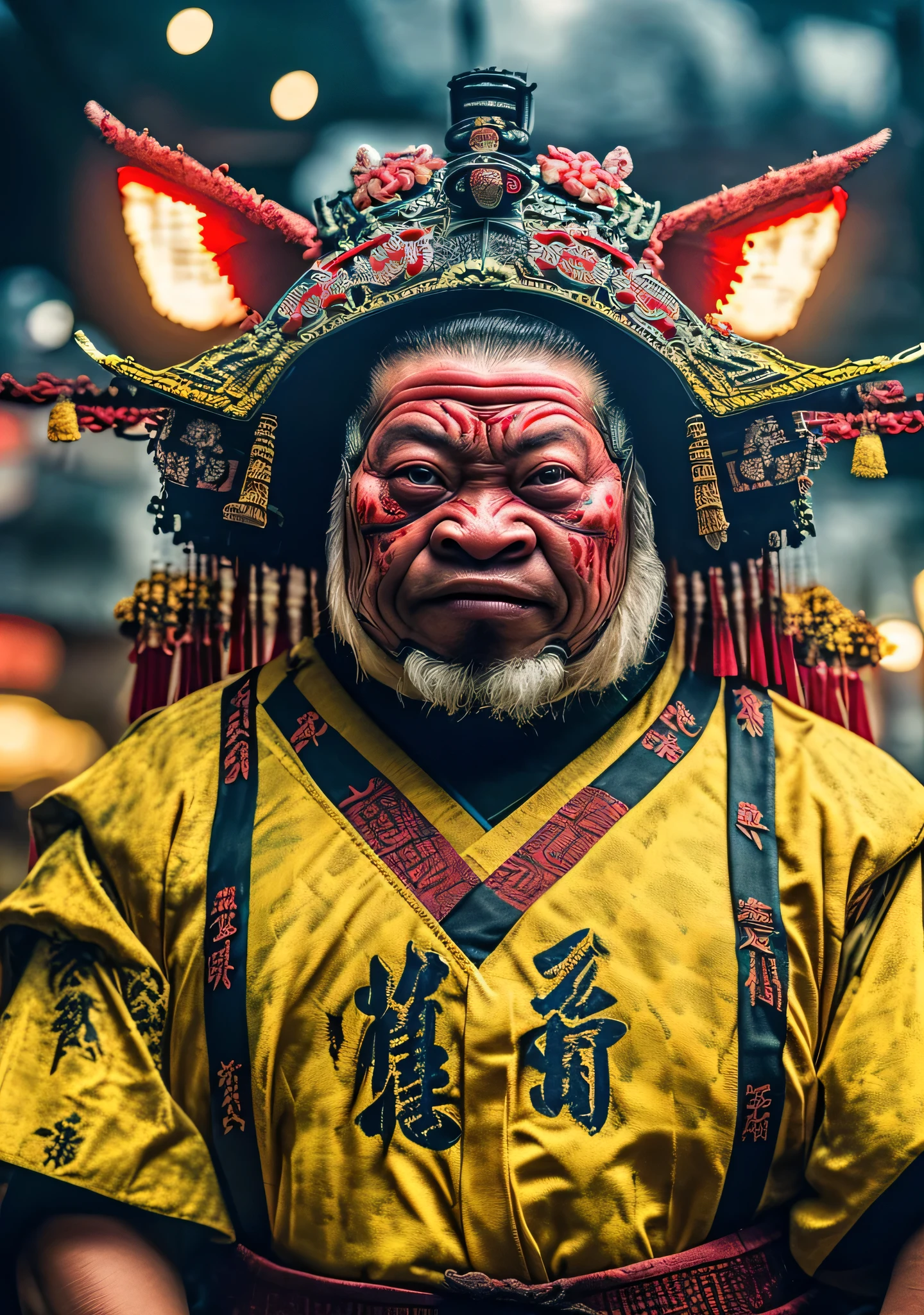 Close-up cleavage:Pig Man mixed blood warrior photo,8K,Legend of Zhu Bajie,There are scars on the face,((Japanese kimono,Expressions of anger)),Chop on the hand,top quality, light, threatening gesture, fierce look, epic atmosphere,, (((full-body shot))), cyborg, clockwork, ((intricate details)), Japanese Trade Zone, ((intricate details, Ultra-detailed)), incandescent lamp, movie shot, vignette, Bokeh effect background, (full-body shot).