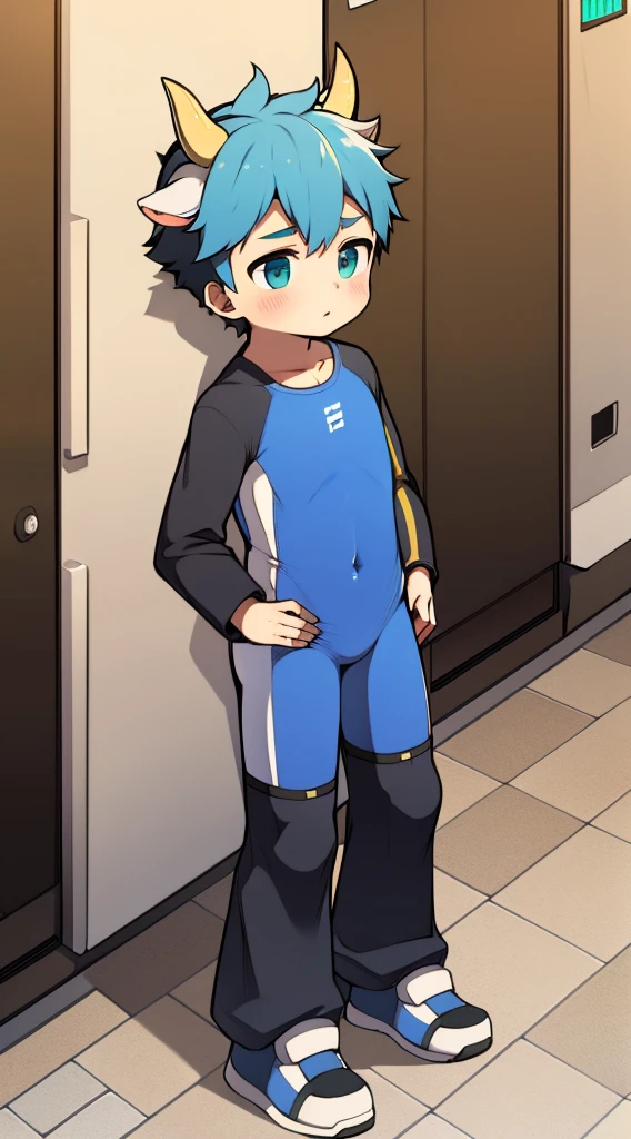 2D boy Shota，One-piece mountaineering suit，standing，goggles，horns，cow ears，sports shoes，white stockings，slim body，play