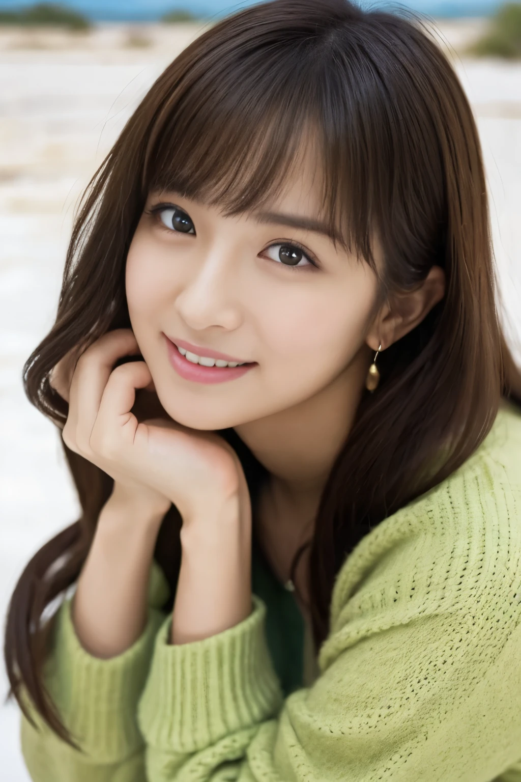 1 girl, (Wearing a bright green cardigan:1.2), very beautiful japanese actress,
(Raw photo, highest quality), (realistic, Photoreal:1.4), table top,
very delicate and beautiful, very detailed, 2k wallpaper, wonderful,
finely, very detailed CG Unity 8k wallpaper, Super detailed, High resolution, soft light,
beautiful detailed girl, very detailed目と顔, beautifully detailed nose, finely beautiful eyes, cinematic lighting,
(Commemorative photo at Salar de Uyuni:1.4),
complete anatomy, slender body, small, smile,
pan focus