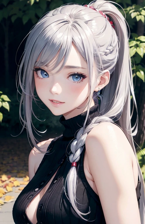 masterpiece、highest quality、High resolution、high quality images、8K, 1 female、skin luster、Texture of skin and clothing、Expression of fine eyes、shiny bright silver hair,Girl with long braided hair, Manga inspired by Lee Jong-suk, trending on deviantart, realism, detailed manga style, manga art style, perfect line drawing, beautiful line drawing, digital manga art girl, K-POPアイドル, beautiful light blue eyes, plump lips, detailed gorgeous face, (cute smile), charm, innocent, Side view, (perfectly detailed face), (fine hands) photorealistic images, Depth of written boundary, ponytail hairstyle, Corolla on the head , loose and light knitwear、shoulder knit , show your shoulders , I can see the cleavage , autumn leaves , autumn leaves ,美しいautumn leaves,romanticism,