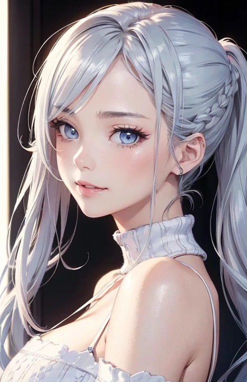 masterpiece、highest quality、High resolution、high quality images、8K, 1 female、skin luster、Texture of skin and clothing、Expression of fine eyes、shiny bright silver hair,Girl with long braided hair, Manga inspired by Lee Jong-suk, trending on deviantart, realism, detailed manga style, manga art style, perfect line drawing, beautiful line drawing, digital manga art girl, K-POPアイドル, beautiful light blue eyes, plump lips, detailed gorgeous face, (cute smile), charm, innocent, Side view, (perfectly detailed face), (fine hands) photorealistic images, Depth of written boundary, ponytail hairstyle, Corolla on the head , loose and light knitwear、shoulder knit , show your shoulders , I can see the cleavage , autumn leaves , autumn leaves ,美しいautumn leaves,romanticism,