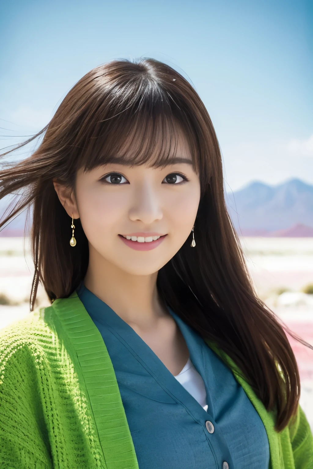 1 girl, (Wearing a bright green cardigan:1.2), very beautiful japanese actress,
(Raw photo, highest quality), (realistic, Photoreal:1.4), table top, 
very delicate and beautiful, very detailed, 2k wallpaper, wonderful, 
finely, very detailed CG Unity 8k wallpaper, Super detailed, High resolution, soft light, 
beautiful detailed girl, very detailed目と顔, beautifully detailed nose, finely beautiful eyes, cinematic lighting, 
(Commemorative photo at Salar de Uyuni:1.4), 
complete anatomy, slender body, small, smile,
pan focus