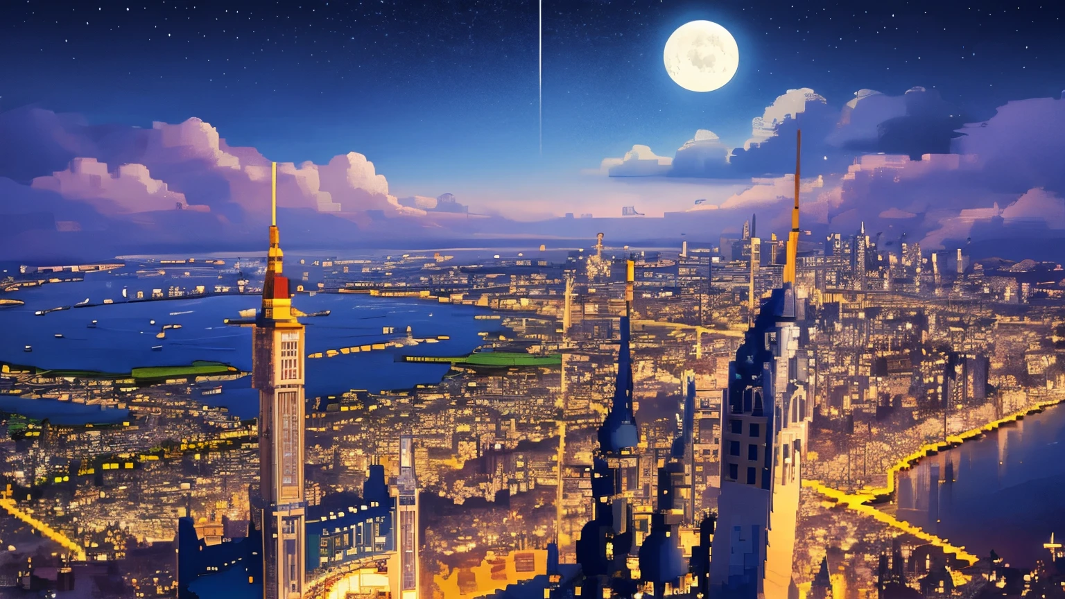 Beautiful scenery of a pixel art city and a moon, and stars and please place buildings in the image in pixel art