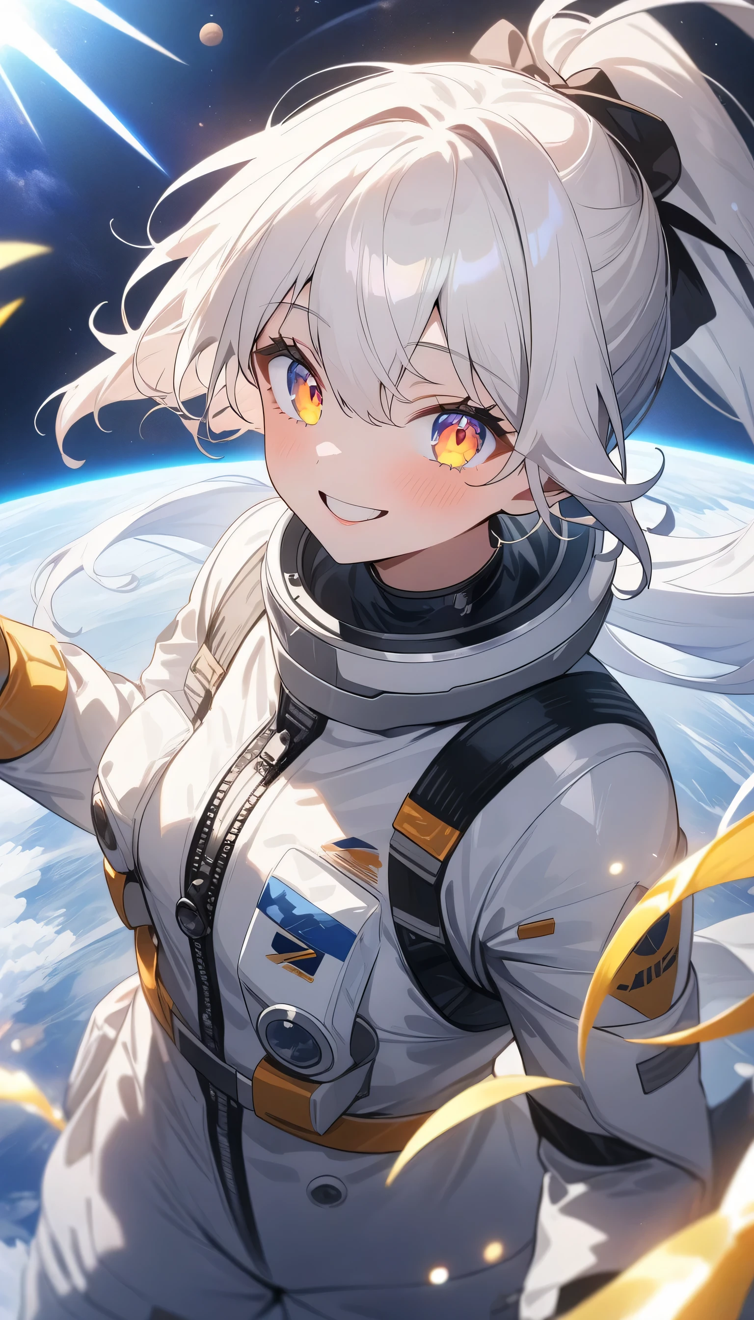 (highest quality、masterpiece、High resolution、detailed)、(Shining eyes、detailed beautiful face)、Beautiful ponytail anime girl, ,(space flight士), Beautiful anime in space suits, outer space, white haired god, exquisite details.space flight, anime 4k 、dynamic angle、beautiful anime、space travel、smile