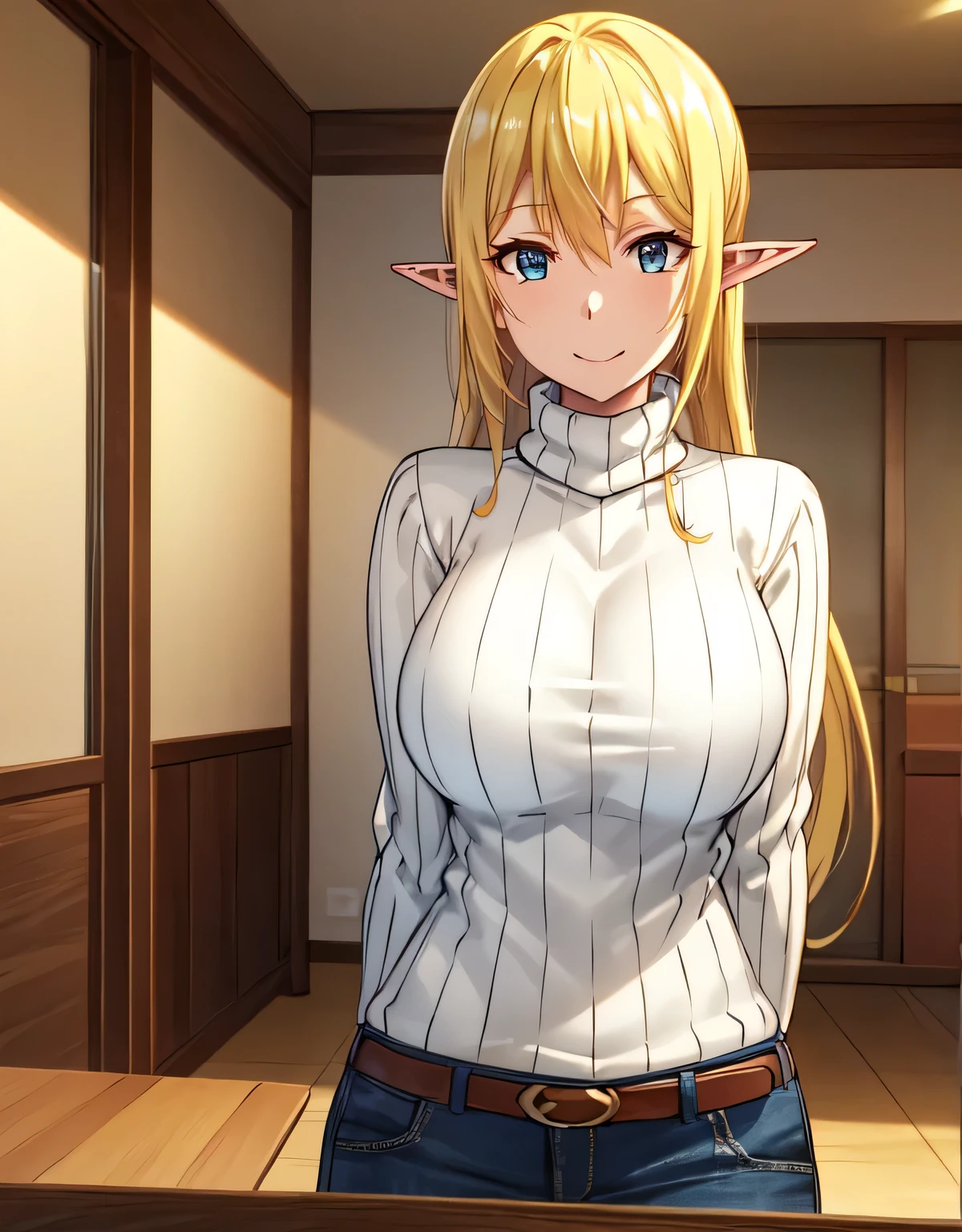 Tuka Luna Marceau,blue eyes,blonde hair,long hair,pointy ears,ribbed sweater,turtleneck,beige sweater,longsleeve,jeans,(large breasts:1.5),(shiny,hair),((solo)),((masterpiece)),((best quality)),perfect anatomy,slim waist,perfect image,8k UHD,(beautiful detailed eyes:1.5),extremely detailed face,standing,(upper body:1.2),(look at the front:1.5),arms behindback,ultra-detailed,absurdres,highres,smile,indoor room,