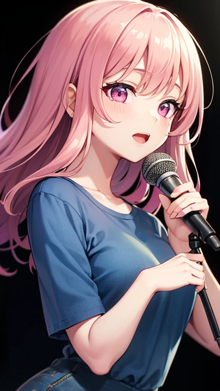 最high quality,very detailed,high quality,Extremely detailed,masterpiece,Super fine,ultra high resolution,超high quality,super delicate face,super realistic,(1 person:1.2)、woman、(Mature:1.5)、pink hair color、(pink eyes)、small breasts 、slender body, (sing:1.3), perfect face, beautiful proportions, Hold the microphone to your mouth, Stage Background、T-shirt、jeans、(Upper body close-up:1.3)