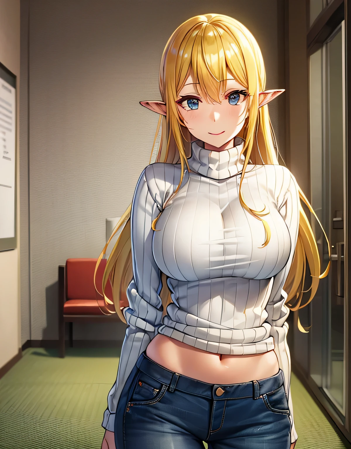 Tuka Luna Marceau,blue eyes,blonde hair,long hair,pointy ears,ribbed sweater,turtleneck,beige sweater,longsleeve,jeans,(large breasts:1.5),(shiny,hair),((solo)),((masterpiece)),((best quality)),perfect anatomy,slim waist,perfect image,8k UHD,(beautiful detailed eyes:1.5),extremely detailed face,standing,(upper body:1.2),(look at the front:1.5),arms behindback,ultra-detailed,absurdres,highres,smile,indoor room,