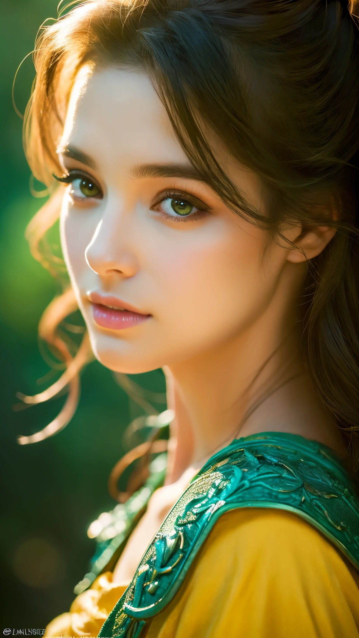portrait,Detail view,17 year old girl,detailed and beautiful eyes,beautiful detailed lips,highly detailed eyes and face,long eyelashes,Moderate:oil,fantasy setting,dragon,small dragon,flying dragon,mysterious forest,rich green,enchanting atmosphere,(highest quality,4k,High resolution,masterpiece:1.2),Super detailed,realistic:1.37,Bright colors,warm tones,soft lighting