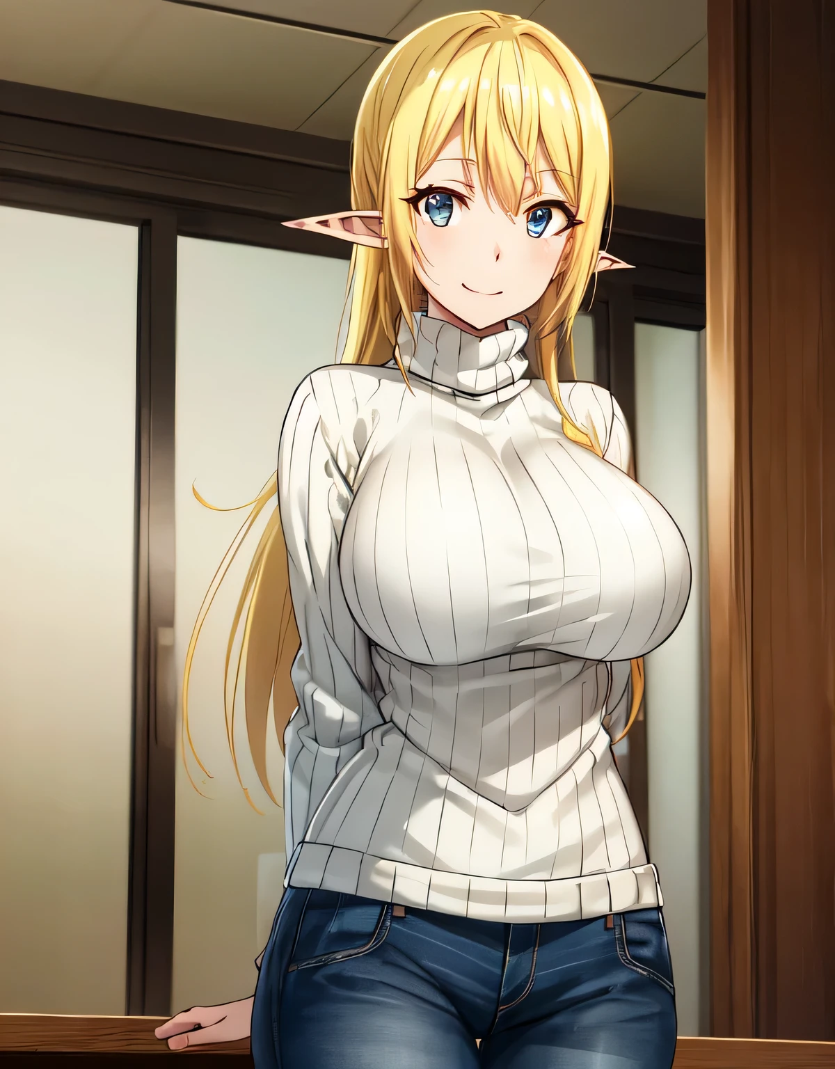 Tuka Luna Marceau,blue eyes,blonde hair,long hair,pointy ears,ribbed sweater,turtleneck,beige sweater,longsleeve,jeans,(large breasts:1.5),(shiny,hair),((solo)),((masterpiece)),((best quality)),perfect anatomy,slim waist,perfect image,8k UHD,(beautiful detailed eyes:1.5),extremely detailed face,standing,(upper body:1.2),(look at the front:1.5),arms behindback,ultra-detailed,absurdres,highres,smile,indoor room,