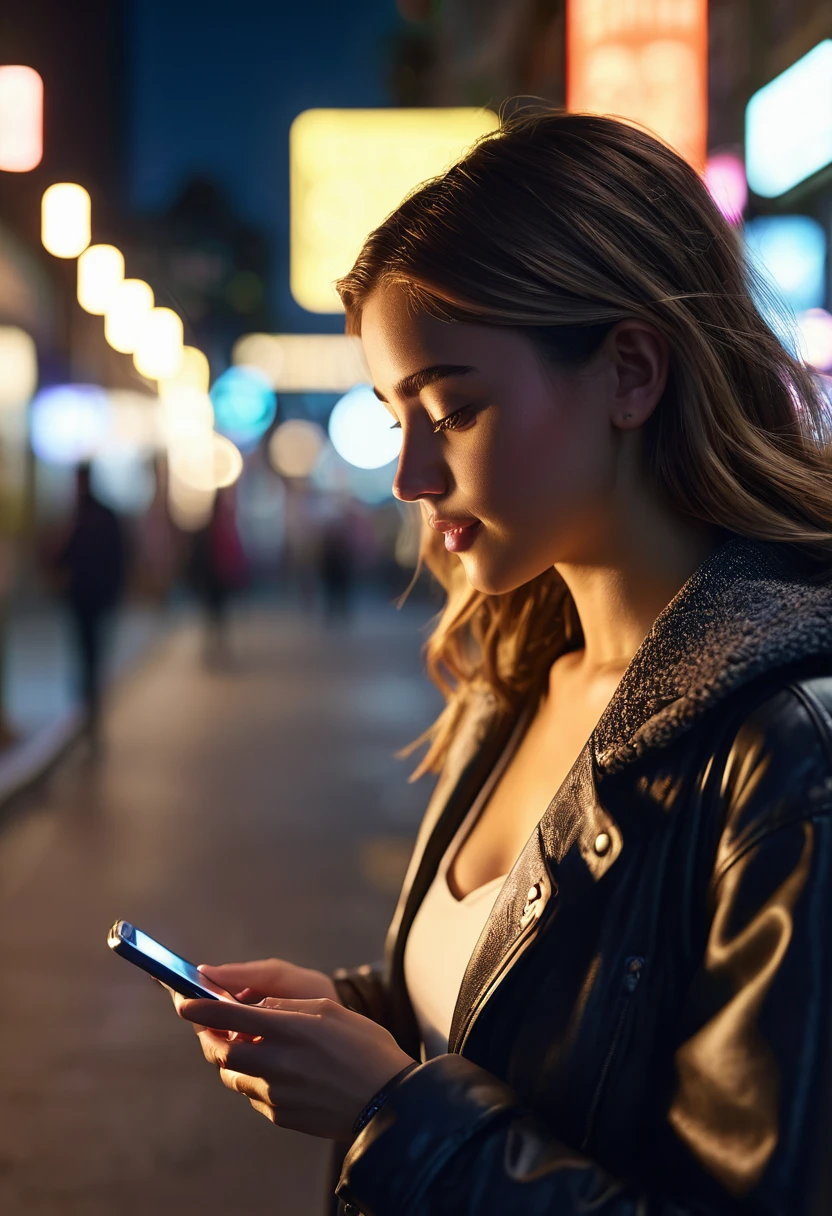 hyper realistic comercial image, a 25-year-old girl typing on his cell phone on a city street at night, bokeh light effects, lens flare effects, on a great city, 8k resolution, dramatic lighting, depht blur , greg rutkowsky style, raw photo