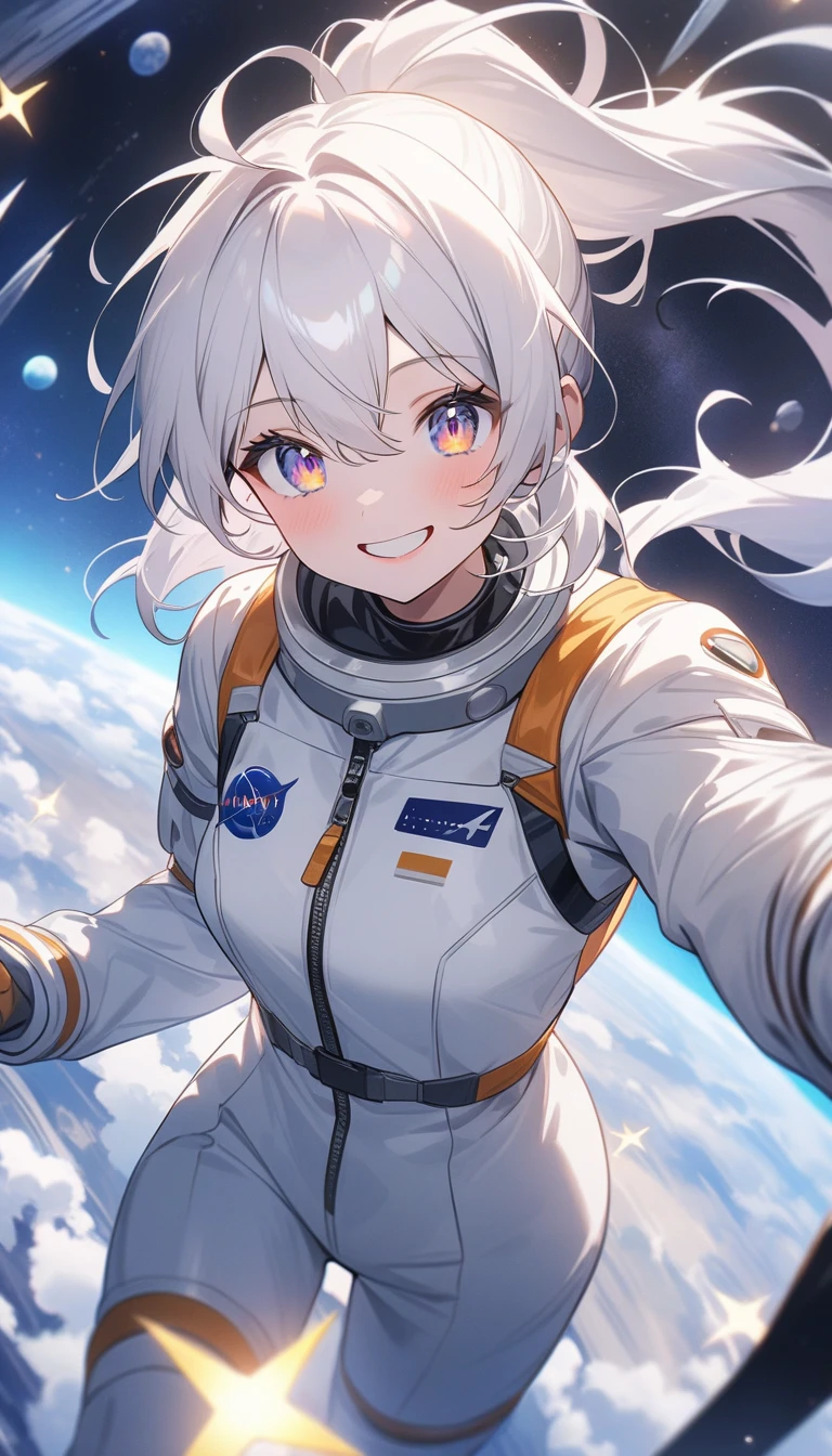 (highest quality、masterpiece、High resolution、detailed)、(Shining eyes、detailed美しい顔)、Beautiful ponytail anime girl, ,(space flight士), space helmet、Beautiful anime in space suits, outer space, white haired god, exquisite details.space flight, anime 4k 、dynamic angle、beautiful anime、space travel、smile