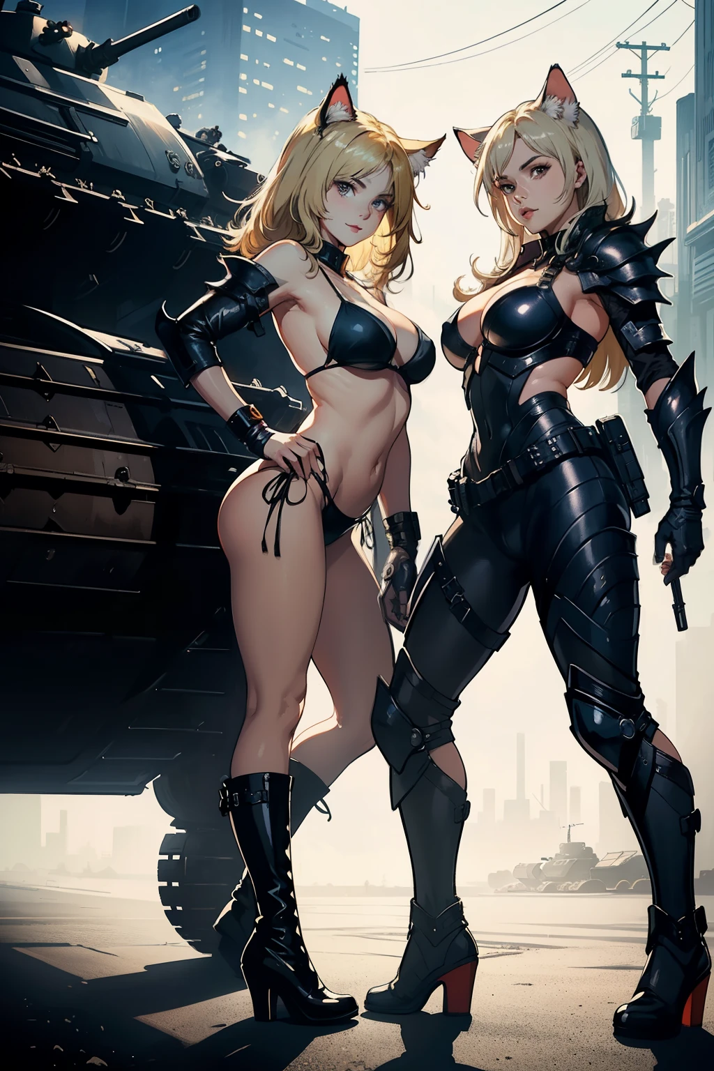 ((highest quality)), ((masterpiece)), (be familiar with), (High definition), 8K, perfect face、2 women、Two blonde women with cat ears standing side by side、(Smile)、tall、2 Blonde cat ears、2. Long Hair、2. Volumetric hair style、big breasts、constricted waist、big ass、glamorous、Glamorous、Bikini Protector、Armor、combat suit、combat boots、armed、Equipped with large firearms、Posing in front of a tank、cinematic、best shadow、side lighting、NEO TOKYO、(Close-up of two faces)