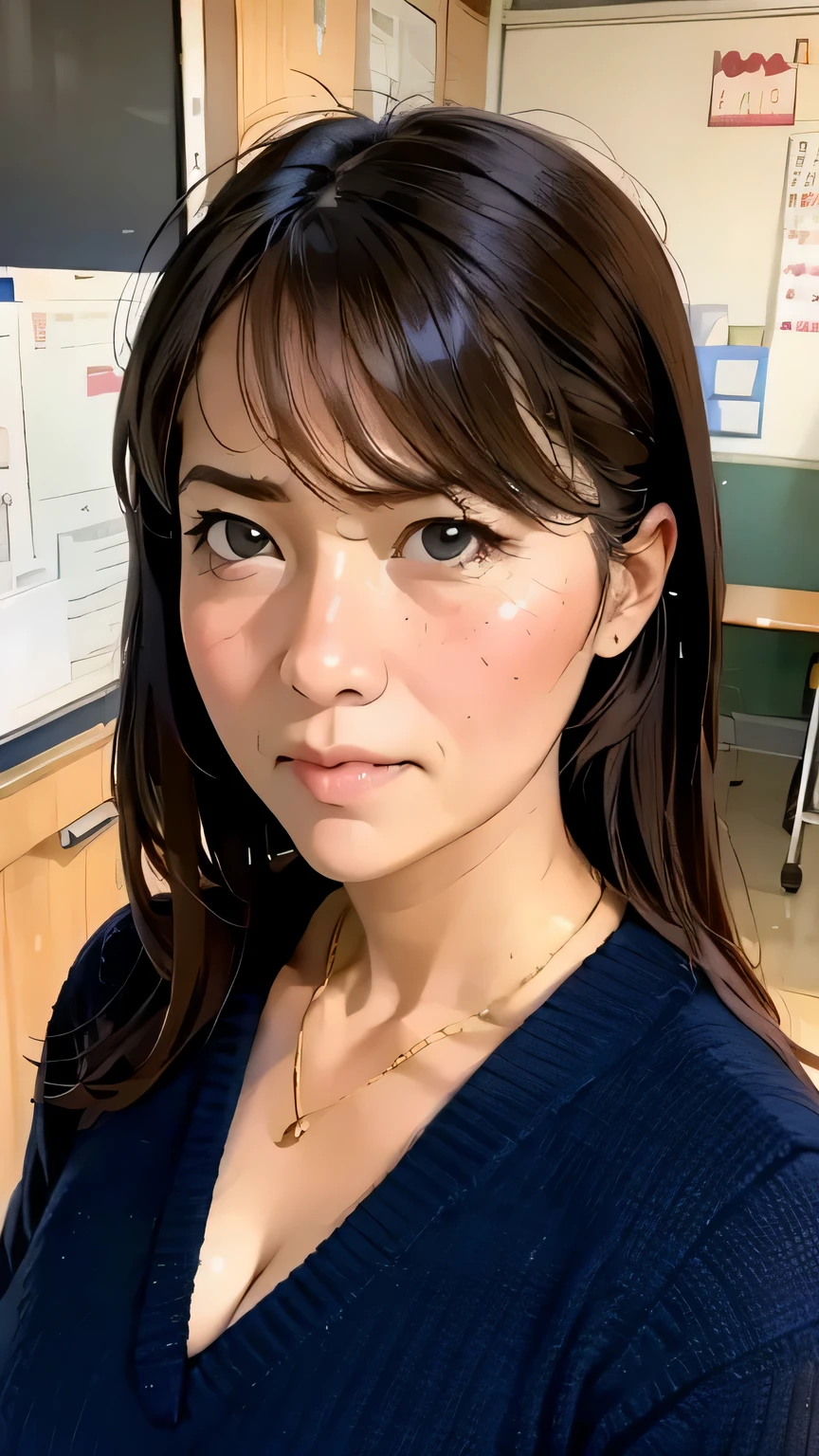 Risa, black haired japanese girl, sitting nude in classroom , cute, beautiful, realistic style, highly detailed, 4k, look at camera, face close-up, (NUDE), highly detailed face, seductive, creative picture angle, legs up, ((focus on face))