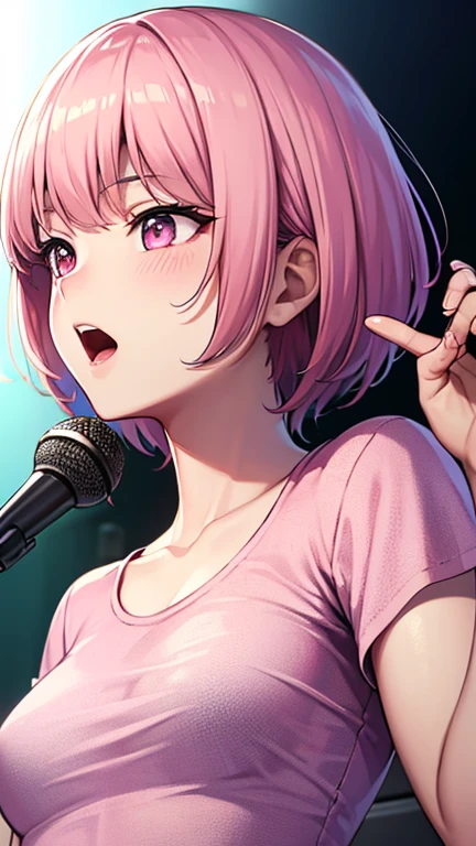 最high quality,very detailed,high quality,Extremely detailed,masterpiece,Super fine,ultra high resolution,超high quality,super delicate face,super realistic,(1 person:1.2)、woman、(Mature:1.5)、pink hair color、(pink eyes)、small breasts 、slender body, (sing:1.3), perfect face, beautiful proportions, Hold the microphone to your mouth, Stage Background、T-shirt、jeans、(Upper body close-up:1.3)
