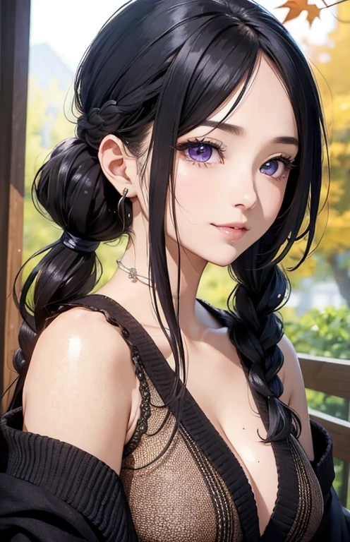 masterpiece、highest quality、High resolution、high quality images、8K, 1 female、skin luster、Texture of skin and clothing、Expression of fine eyes、Shiny light black hair,Girl with long braided hair, Manga inspired by Lee Jong-suk, trending on deviantart, realism, detailed manga style, manga art style, perfect line drawing, beautiful line drawing, digital manga art girl, K-POPアイドル, beautiful purple eyes, plump lips, detailed gorgeous face, (cute smile), charm, innocent, Side view, (perfectly detailed face), (fine hands) photorealistic images, Depth of written boundary, ponytail hairstyle, Corolla on the head , loose and light knitwear、shoulder knit , show your shoulders , I can see the cleavage , autumn leaves , autumn leaves ，美しいautumn leaves，romanticism,