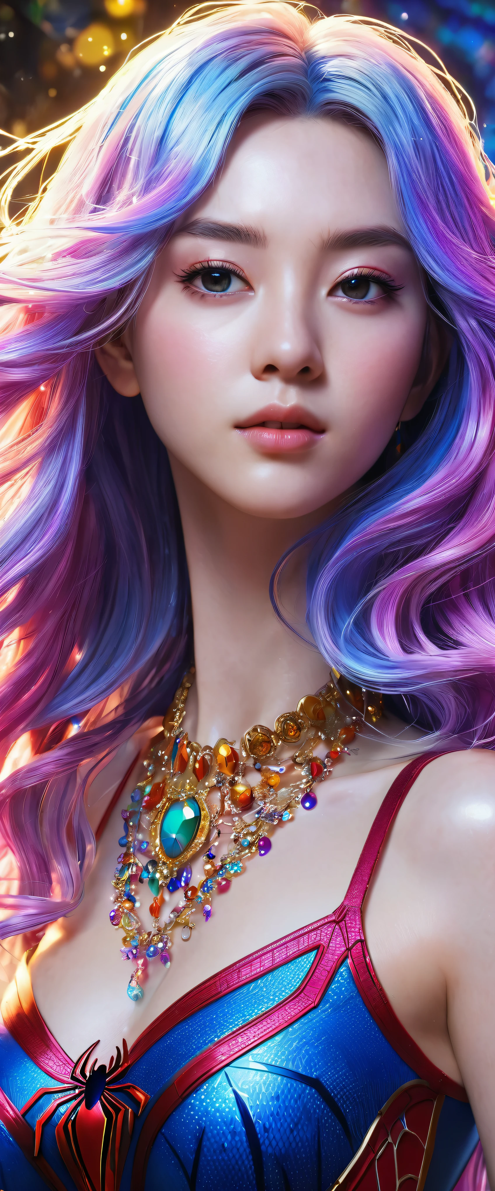 Her colorful hair flows down in waves、A close-up of an anime girl adorned with a necklace of vibrant and intricate design、It evokes the soft vitality that is characteristic of Ross Drose&#39;s work.。This scene is、The cosmic, colorful background creates a stunning contrast with her pale skin.、Reflects Gubes&#39; fantasy art style。Let your cosmic hair flutter in the wind、Exudes a shining and beautiful anime style、His vivid and captivating digital fantasy artworks are garnering attention。Her Spider-Man costume、Fully rendered in realistic CGI、It adds an element of intrigue to her charm.。