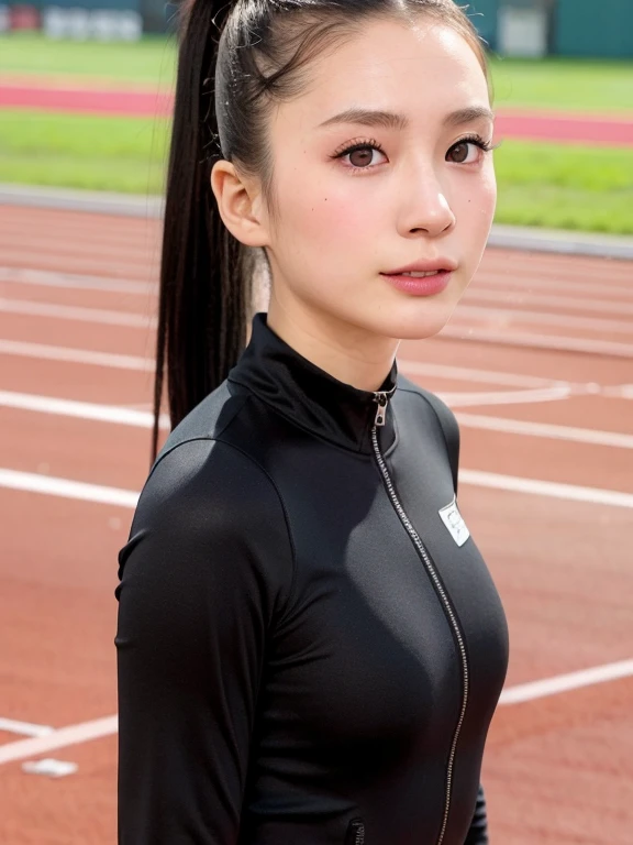 (kawaii 24 year-old Japanese girl, Nogizaka idol, Korean idol), healthy female athlete body, (glossy black hair, high ponytail, ponytail must be behind the shoulders, bangs:1.3), forehead without wrinkles, (rounded face, black eyes, single eyelid, no makeup, relaxed expression:1.2), (wearing full zipped track jackets:1.3), (flat chest, extra small breasts), (looking at viewer:1.2), BREAK, (track and field background:1.3), (dynamic angle:1.3), face focus, BREAK, (masterpiece, best quality, photo realistic, official art:1.4), (UHD, 8K quality wallpaper, high resolution, raw photo, golden ratio:1.2), (shiny skin), professional lighting, physically based rendering, award winning, (perfect anatomy, highly detailed skin, extremely detailed face and eyes), Carl Zeiss 85 mm F/1.4, depth of field, 1girl, solo,