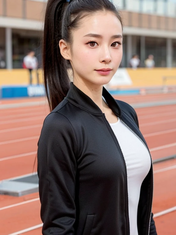 (kawaii 24 year-old Japanese girl, Nogizaka idol, Korean idol), healthy female athlete body, (glossy black hair, high ponytail, ponytail must be behind the shoulders, bangs:1.3), forehead without wrinkles, (rounded face, black eyes, single eyelid, no makeup, relaxed expression:1.2), (wearing full zipped track jackets:1.3), (flat chest, extra small breasts), (looking at viewer:1.2), BREAK, (track and field background:1.3), (dynamic angle:1.3), face focus, BREAK, (masterpiece, best quality, photo realistic, official art:1.4), (UHD, 8K quality wallpaper, high resolution, raw photo, golden ratio:1.2), (shiny skin), professional lighting, physically based rendering, award winning, (perfect anatomy, highly detailed skin, extremely detailed face and eyes), Carl Zeiss 85 mm F/1.4, depth of field, 1girl, solo,