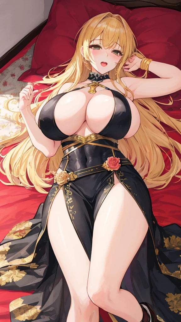 A woman has a big ,gorgeous woman,Mature((Idol)),long golden hair,Beautifully,In the bedroom,lying down,ahegao,Lower breast protrusion,