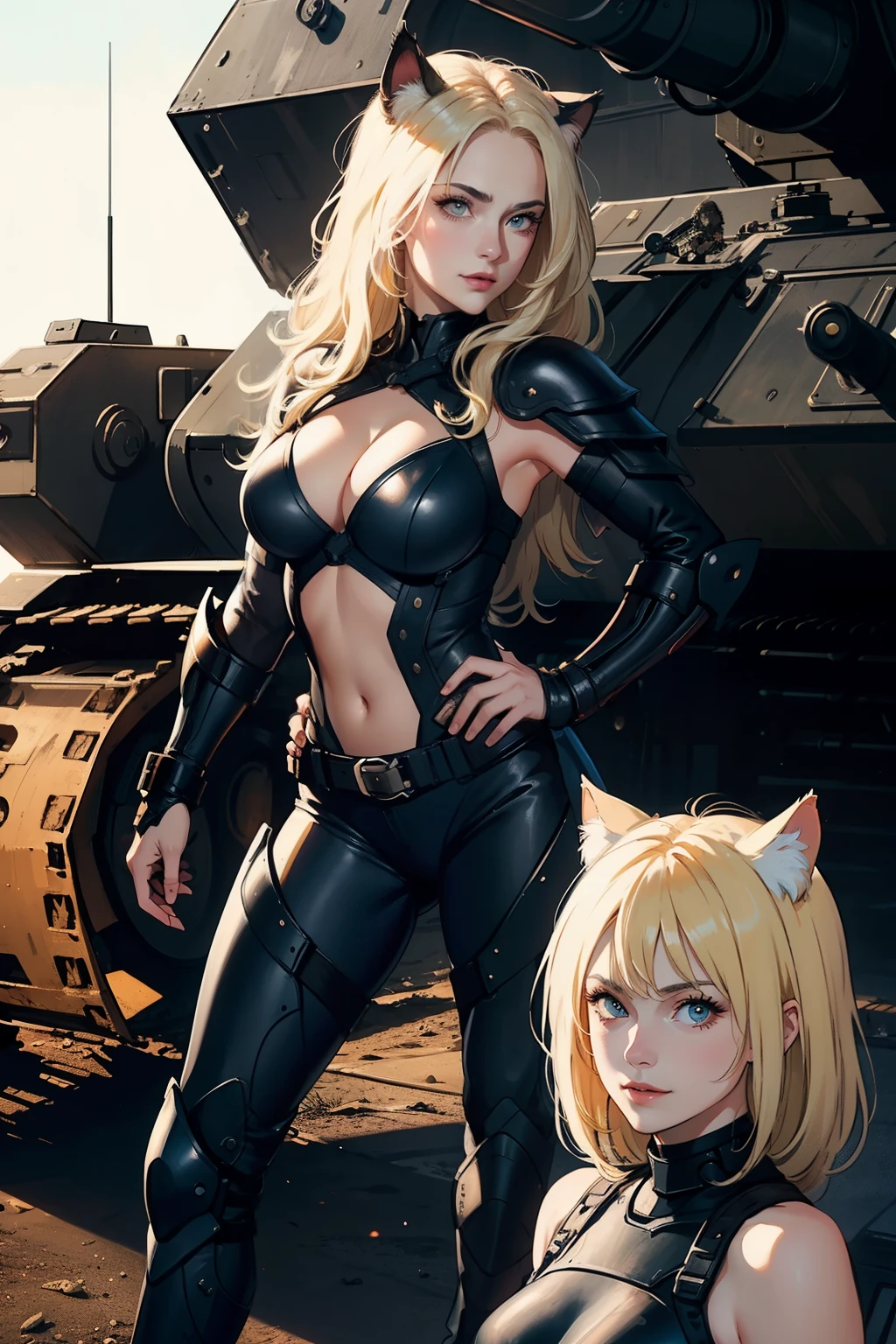 ((highest quality)), ((masterpiece)), (be familiar with), (High definition), 8K, perfect face、2 women、Two blonde women with cat ears standing side by side、(fearless smile)、combat readiness、tall、2 Blonde cat ears、2. Long Hair、2. Volumetric hair style、big breasts、constricted waist、big ass、glamorous、Glamorous、protector、Armor、combat suit、combat boots、armed、Equipped with large firearms、Posing in front of a tank、cinematic、best shadow、side lighting、NEO TOKYO、(Close-up of two faces:1.2)