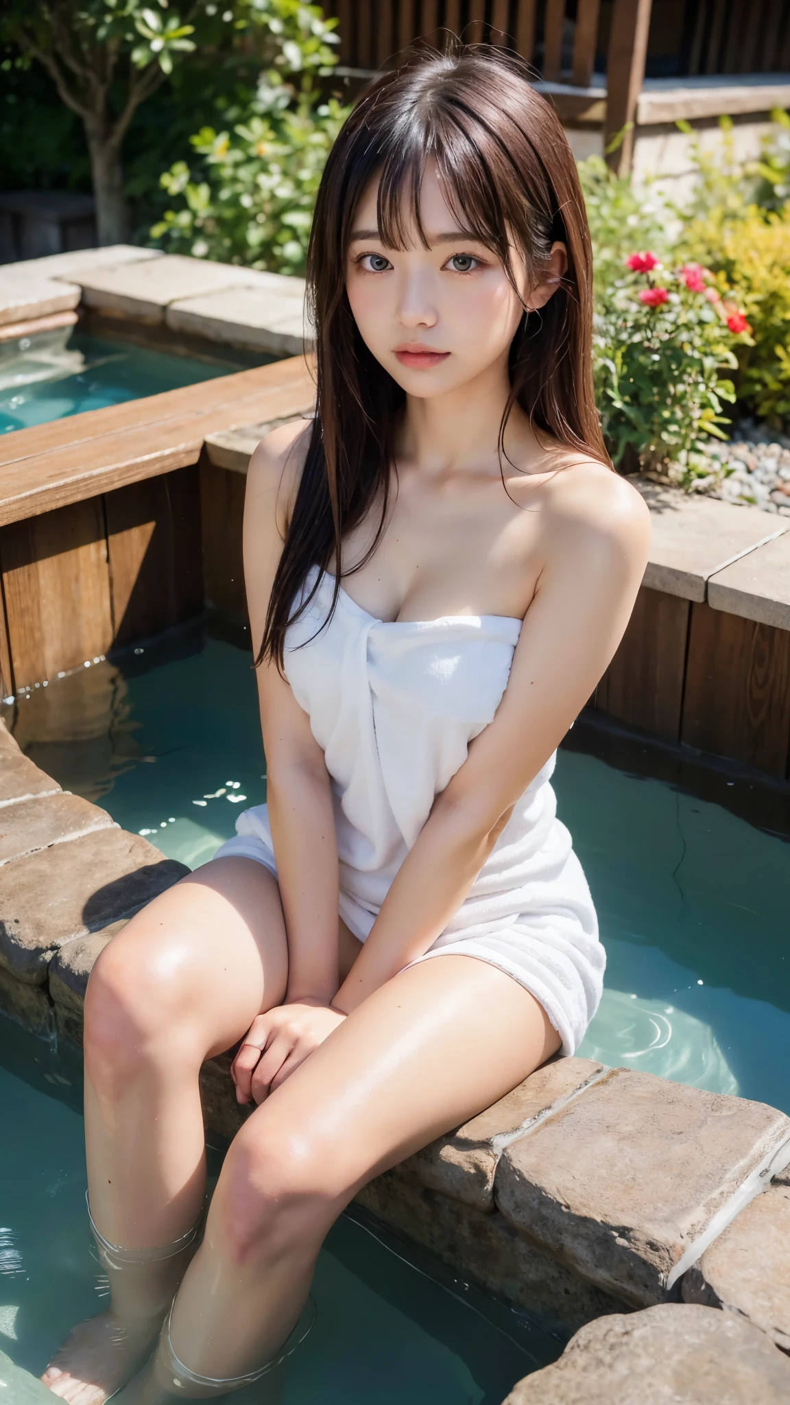 (night:1.7), east asian architecture, 1 female,sitting on the tatami, brunette colored hair，（hair between the eyes）, lip flap,  (************:1.3),(beautiful shiny straight short long:1.3),beautiful fingers,beautiful long legs,beauty body，cute nose，beautiful character design，perfect eyes，Perfect face，looking at the viewer，（innocent_big_eye：1.0），（light_笑face：0.3），official art，Highly detailed CG Unity 8K wallpaper、bright_front_face_lit，（master piece:1.0),(Highest_quality:1.0), 超A high resolution,4k,super detailed, photo shoot, 8K, nffsw, High resolution, absurd:1.2, kodak portrait 400, film grain,  lens flare glow,  (beautiful_face:1.5),8K,Raw photo, 、Relax in a Japanese hot spring inn、(The subject is the first hot spring trip with a girl:1.3) (Draw an open-air bath more widely:1.2) (girls are not subjects:1.3) The hotel room is messy　(Girl standing on balcony:1.3) (hair after bath:1.3),((I was naked and placed a small handkerchief towel next to him.:1.3)) ,(hair is wet:1.3),((beautifully depicts depth and width:1.3)),((An open-air bath surrounded by a Japanese garden and giant rocks, With just two small lights.:1.3)),((You can see a beautiful starry sky.:1.3))(Hide your erogenous zones with a small handkerchief towel in the open-air bath:1.2)(girls are not subjects:1.3),((white and soft skin:1.3)),(((Looks like a whole body:1.3))(We have beds for sex.:1.2)the girl is naked in bed((The open-air bath is a wooden bathtub surrounded by large natural stones..:1.3))