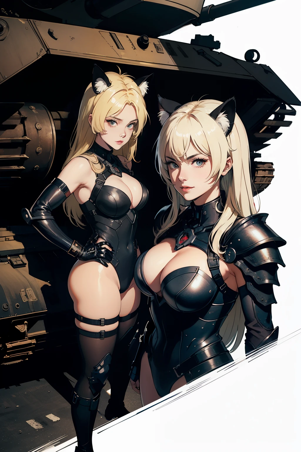 ((highest quality)), ((masterpiece)), (be familiar with), (High definition), 8K, perfect face、2 women、Two blonde women with cat ears standing side by side、(fearless smile)、combat readiness、tall、2 Blonde cat ears、2. Long Hair、2. Volumetric hair style、big breasts、constricted waist、big ass、glamorous、Glamorous、protector、Armor、combat suit、combat boots、armed、Equipped with large firearms、Posing in front of a tank、cinematic、best shadow、side lighting、NEO TOKYO、(Close-up of two faces:1.2)