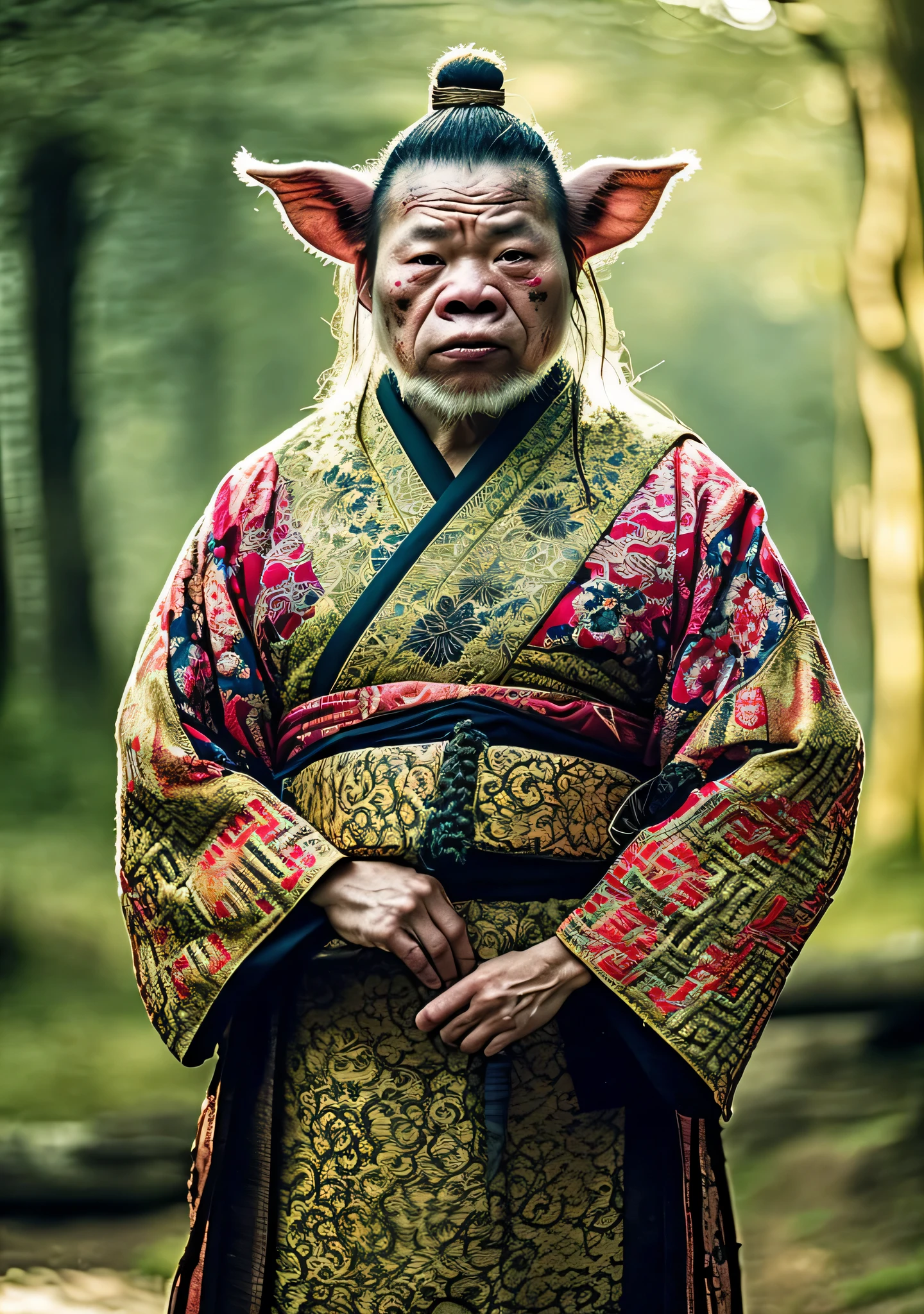 Close-up cleavage：Pig Man mixed blood warrior photo，8K，Legend of Zhu Bajie，There are scars on the face，((Japanese kimono)),Expressions of anger,Chop on the hand，top quality, light, threatening gesture, fierce look, epic atmosphere,, (((full-body shot))), ((intricate details)), Japanese Trade Zone, ((intricate details, Ultra-detailed)), incandescent lamp, movie shot, vignette, Bokeh effect background, (full-body shot).