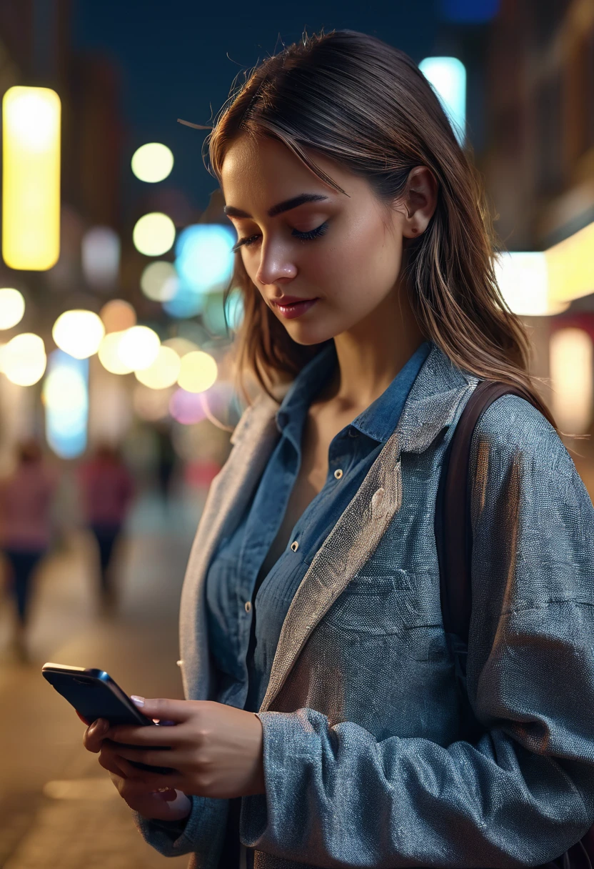hyper realistic comercial image, a 25-year-old girl, gyn clothes, typing on his cell phone on a city street at night, bokeh light effects, lens flare effects, on a great city, 8k resolution, dramatic lighting, depht blur , greg rutkowsky style, raw photo
