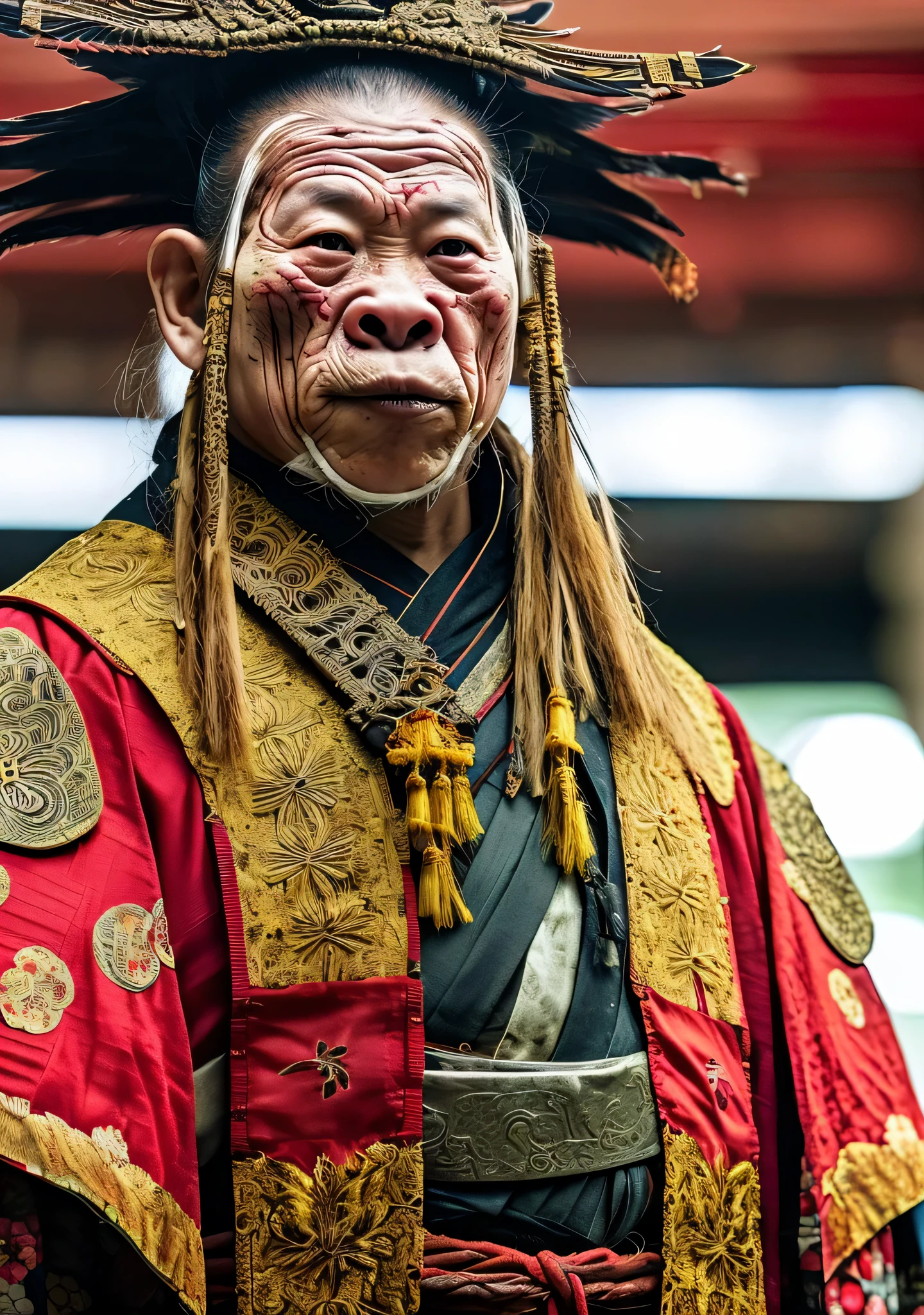Close-up cleavage:Pig Man mixed blood warrior photo,8K,Legend of Zhu Bajie,There are scars on the face,((Japanese kimono)),Expressions of anger,Chop on the hand,top quality, light, threatening gesture, fierce look, epic atmosphere,, (((full-body shot))), ((intricate details)), Japanese Trade Zone, ((intricate details, Ultra-detailed)), incandescent lamp, movie shot, vignette, Bokeh effect background, (full-body shot).