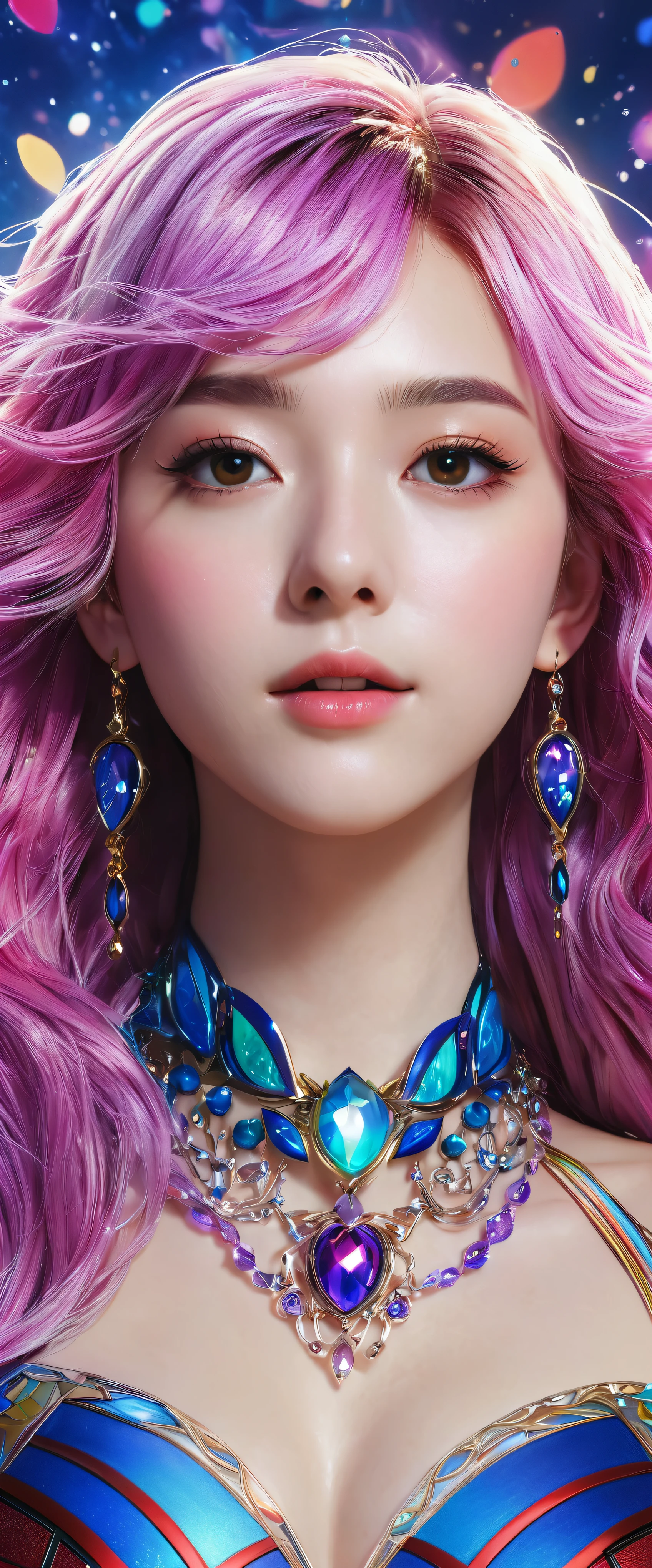 Her colorful hair flows down in waves、A close-up of an anime girl adorned with a necklace of vibrant and intricate design、It evokes the soft vitality that is characteristic of Ross Drose's work.。This scene is、The cosmic, colorful background creates a stunning contrast with her pale skin.、Reflects Gubes' fantasy art style。Let your cosmic hair flutter in the wind、Exudes a shining and beautiful anime style、His vivid and captivating digital fantasy artworks are garnering attention。Her Spider-Man costume、Fully rendered in realistic CGI、It adds an element of intrigue to her charm.。