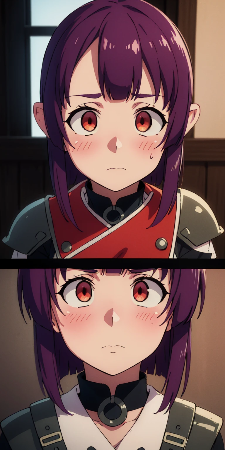 Amity from Owl House (who is heavily armored) frantically hitting on a two-way window as a viewer walked by, scared and confused, heavily blushing and worried. Medium: Illustration. Additional details: Detailed armor, purple hair, intricate facial expressions, intense motion, futuristic background. (best quality, 4k, highres, masterpiece:1.2), ultra-detailed, (realistic:1.37). Art style: sci-fi. Color tone: Dark and vibrant. Lighting: Dramatic and contrasting shadows