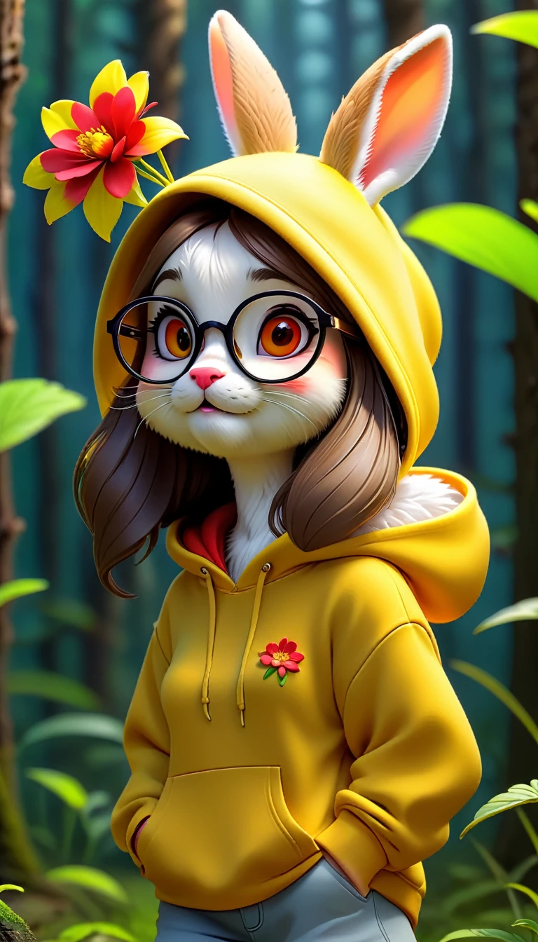 Cute rabbit,hairy,Wearing a yellow hoodie,Wearing cute glasses。It is female,Because there is a bright red flower on its head.。Stroll through the forest where various animals live.,, Disney and Pixar style, cute numbers, comic characters, 3D rendering, bright lights, bright colors,High level of image quality、for a great job
