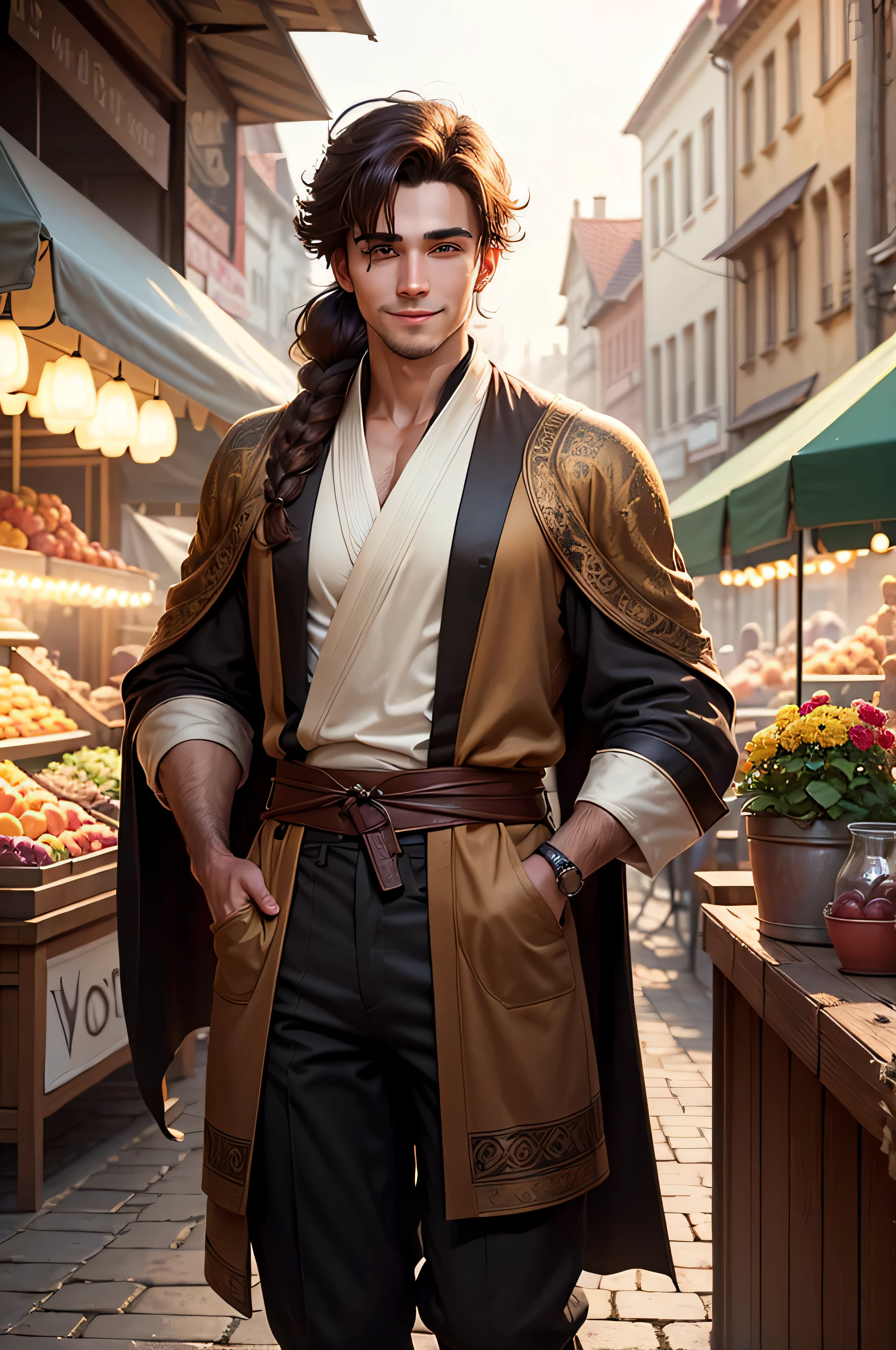 handsome young man in a market place, confident smile, volumetric lighting, 8k resolution, photorealistic, ultra-high quality, opulent detailed background, medium length dark brown hair, messy ponytail, wearing a long cotton robe, dark brown long pants, full body