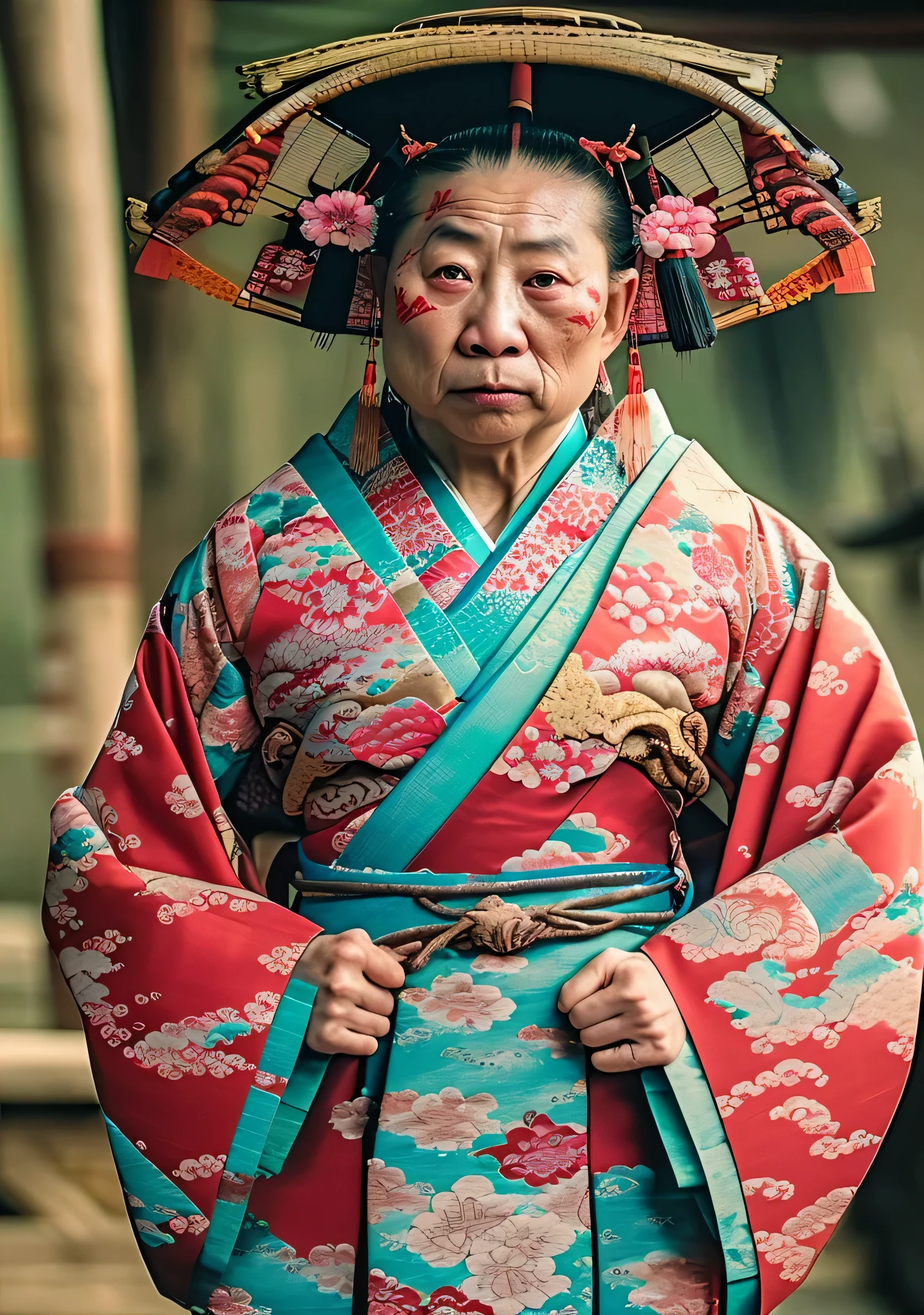 Close-up cleavage:Pig Man mixed blood warrior photo,8K,Legend of Zhu Bajie,There are scars on the face,((Japanese kimono:1.5)),Expressions of anger,Chop on the hand,top quality, light, threatening gesture, fierce look, epic atmosphere,, (((full-body shot))), ((intricate details)), Japanese Trade Zone, ((intricate details, Ultra-detailed)), incandescent lamp, movie shot, vignette, Bokeh effect background, (full-body shot).