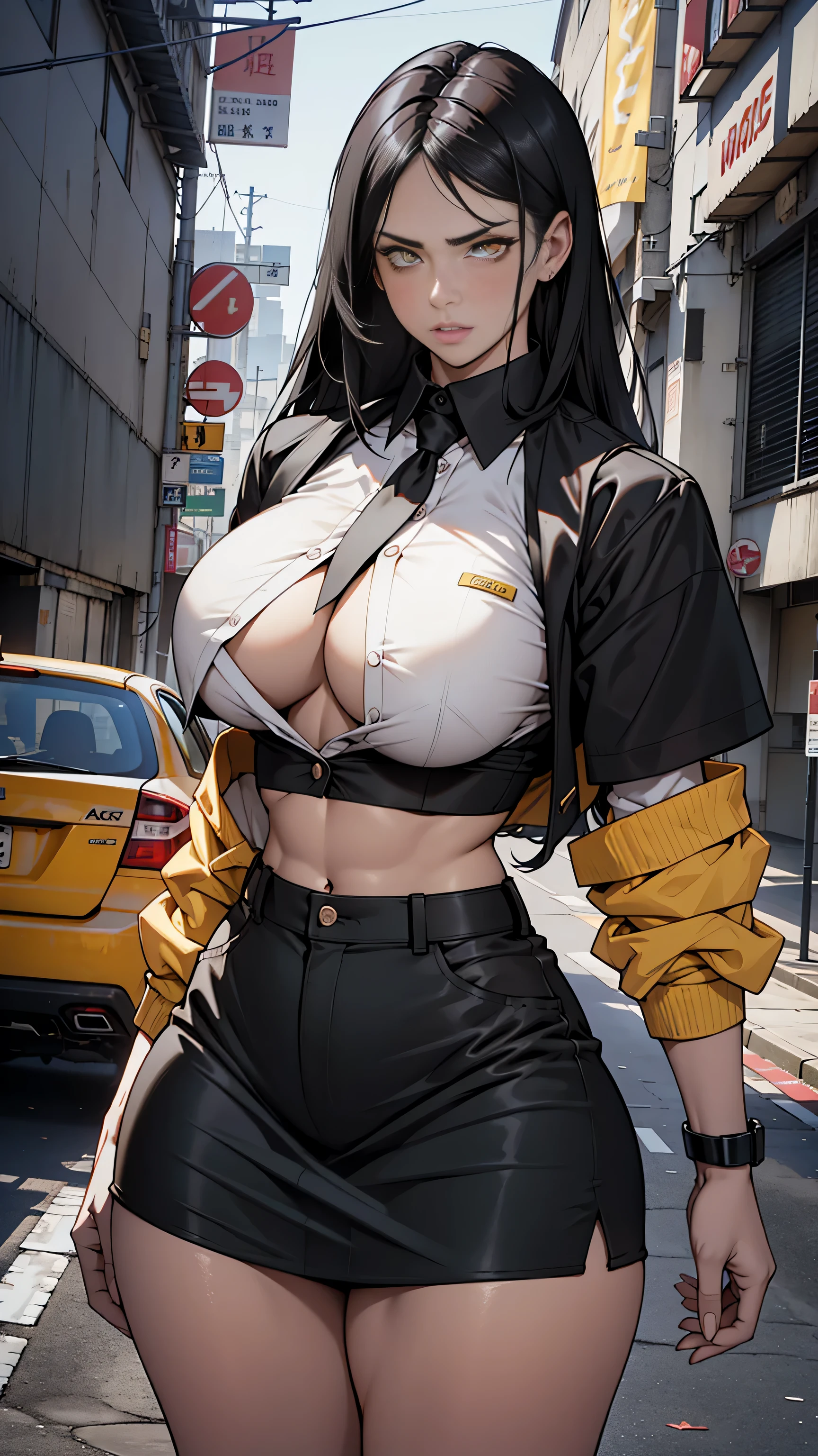 black hair, extremely long hair, yellow eyes, pale skin, muscular, large DD breasts, thick thighs, mad, Teachers uniform, 1 waifu woman, crop top shirt, open shirt, no bra, flat abs, busty, pouty lips, 