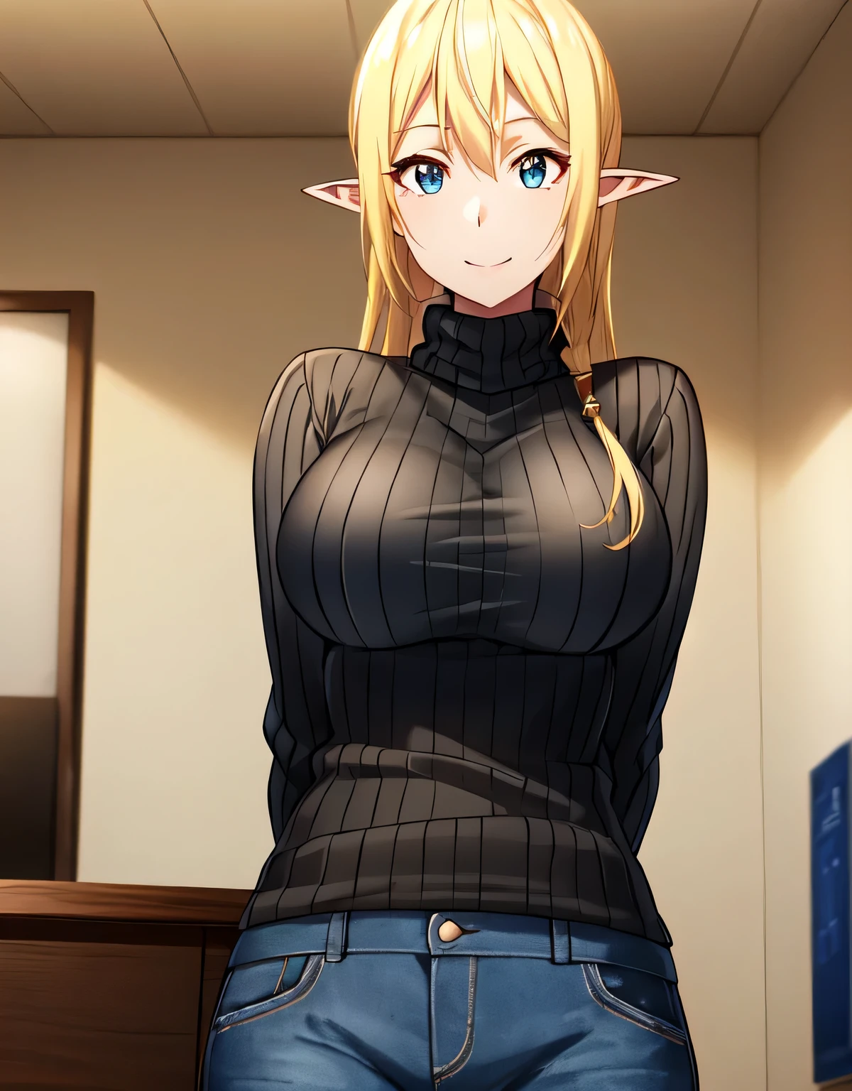 Tuka Luna Marceau,blue eyes,blonde hair,long hair,pointy ears,ribbed sweater,turtleneck,black sweater,longsleeve,jeans,(large breasts:1.5),(shiny,hair),((solo)),((masterpiece)),((best quality)),perfect anatomy,slim waist,perfect image,8k UHD,(beautiful detailed eyes:1.5),extremely detailed face,standing,(upper body:1.2),(look at the front:1.5),arms behindback,ultra-detailed,absurdres,highres,smile,indoor room,