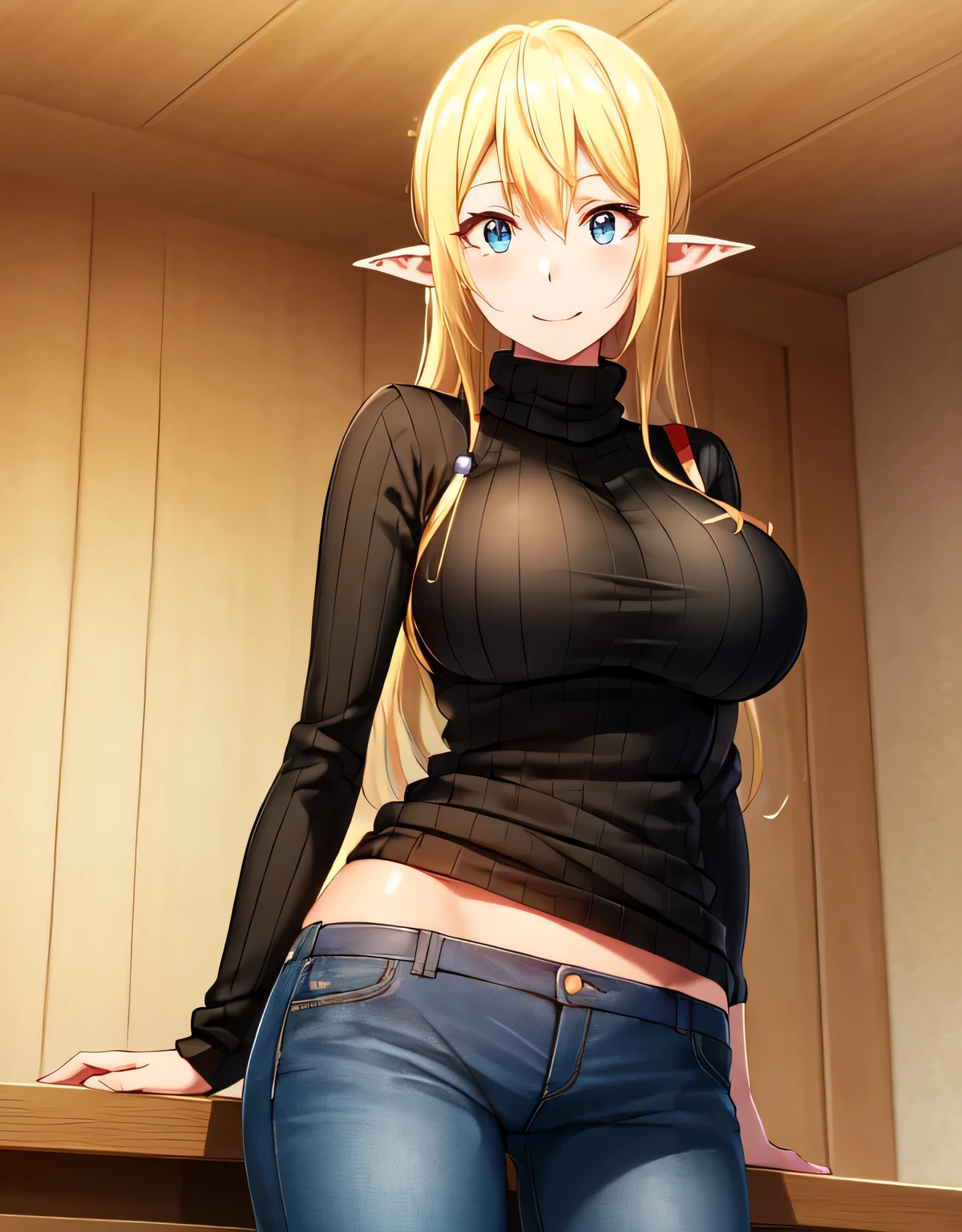 Tuka Luna Marceau,blue eyes,blonde hair,long hair,pointy ears,ribbed sweater,turtleneck,black sweater,longsleeve,jeans,(large breasts:1.5),(shiny,hair),((solo)),((masterpiece)),((best quality)),perfect anatomy,slim waist,perfect image,8k UHD,(beautiful detailed eyes:1.5),extremely detailed face,standing,(upper body:1.2),(look at the front:1.5),arms behindback,ultra-detailed,absurdres,highres,smile,indoor room,