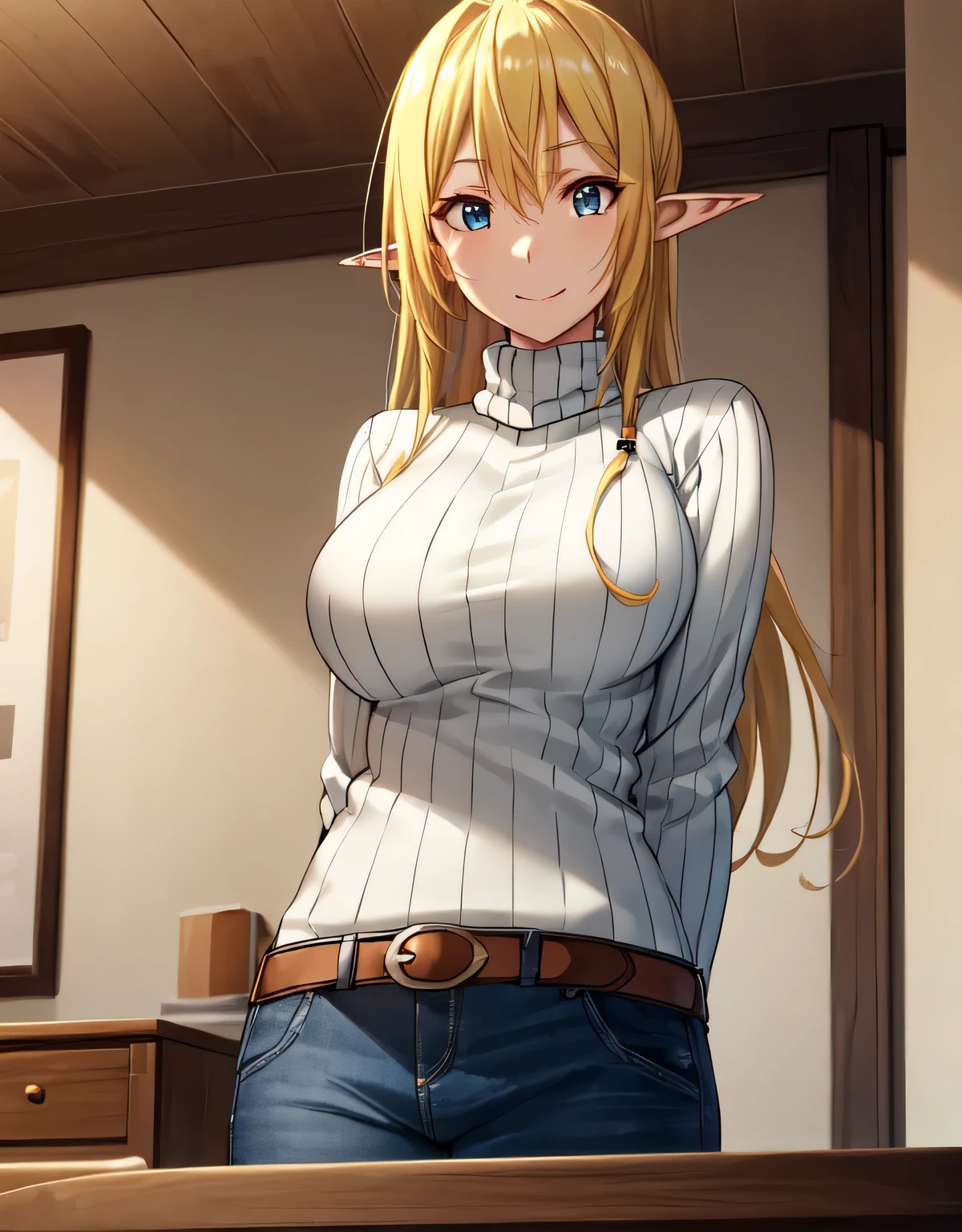 Tuka Luna Marceau,blue eyes,blonde hair,long hair,pointy ears,ribbed sweater,turtleneck,black sweater,longsleeve,jeans,(large breasts:1.5),(shiny,hair),((solo)),((masterpiece)),((best quality)),perfect anatomy,slim waist,perfect image,8k UHD,(beautiful detailed eyes:1.5),extremely detailed face,standing,(upper body:1.2),(look at the front:1.5),arms behindback,ultra-detailed,absurdres,highres,smile,indoor room,