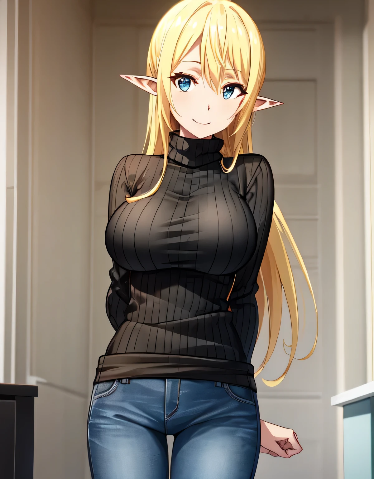 Tuka Luna Marceau,blue eyes,blonde hair,long hair,pointy ears,ribbed sweater,turtleneck,black sweater,longsleeve,jeans,(large breasts:1.5),(shiny,hair),((solo)),((masterpiece)),((best quality)),perfect anatomy,slim waist,perfect image,8k UHD,(beautiful detailed eyes:1.5),extremely detailed face,standing,(upper body:1.2),(look at the front:1.5),arms behindback,ultra-detailed,absurdres,highres,smile,indoor room,