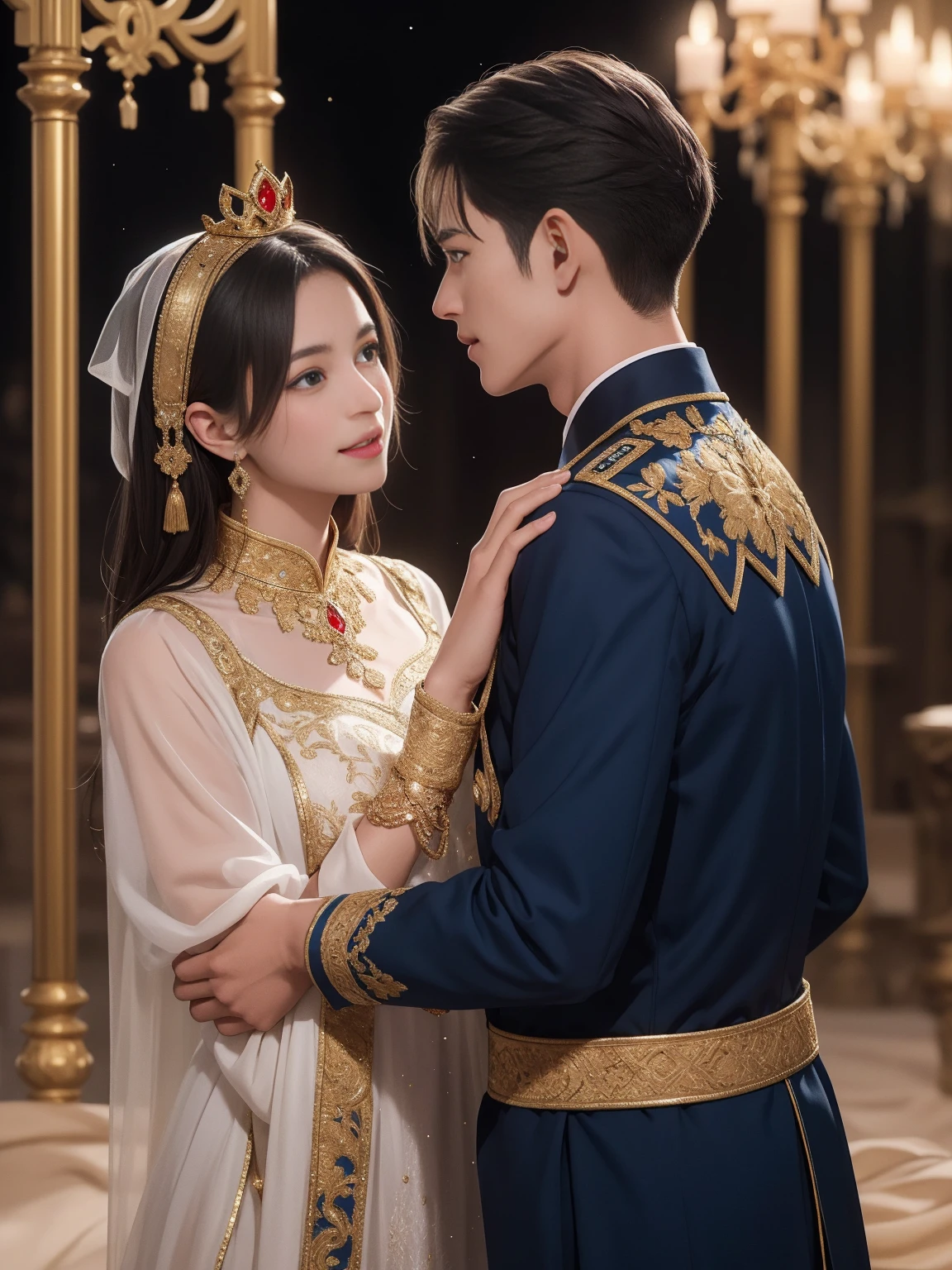 A heartwarming and lyrical scene depicts an intimate encounter between a man and a woman.。Happiness in love。tears of gratitude。steppe of central asia。Sparkling in the moonlight、By the swaying Ili。Creates a fantastic and romantic atmosphere。The couple is embracing each other in bliss。 The man is tall and has dark hair that frames his striking face.。The man is the crown prince of the Turkic nomadic empire.。The man is wearing an ultramarine outfit intricately embroidered with gold thread.。This is the costume that proves he is the Crown Prince.。The women are ordinary people of the oasis and wear Uighur traditional clothing.。The woman from Turpan in the Takmalakan Desert is delicate and .。Show off your radiant beauty with flowing, light-colored hair。 their pure love、Emphasis is placed on transcending class and culture.。 This magical moment captures the essence of their love。Evokes a sense of purity, sweetness and singleness。Persian miniature、Reminiscent of Gustave Moreau&#39;s style、delicate、beautiful、Exotic, luxurious and full of profound charm。