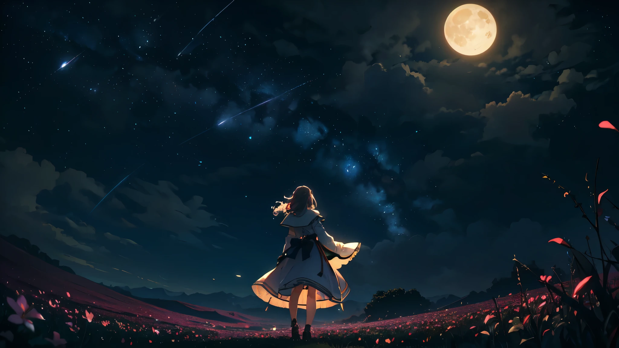 Anime girl standing in a flower field gazing at the stars, anime art wallpaper 8k, 4k anime wallpaper, anime art wallpaper 4k, anime art wallpaper 4k, anime wallpaper 4k, anime wallpaper 4 k, anime wallpaper, anime style 4k, anime background, ultra hd anime wallpaper, 4k manga wallpaper, hd anime wallpaper, anime background art