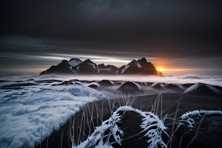 The light and shadow of the sunrise,snow scene,Snow on the ground,there is a picture of a Mountain range in the fog, sci-fi of an icelandic landscape, gloomy landscape, an icelandic landscape, an icelandic landscape, an an icelandic landscape, 背景中的冰岛Mountain丘, beautiful dark landscape, Mountain, dark landscape, Inspired by Franz Sedlacek, gloomy misty atmosphere, misty Mountains, mist, gloomy foggy atmosphere, foggy landscape, iceland photography, desolate landscape,National Geographic Works,HD,high quality