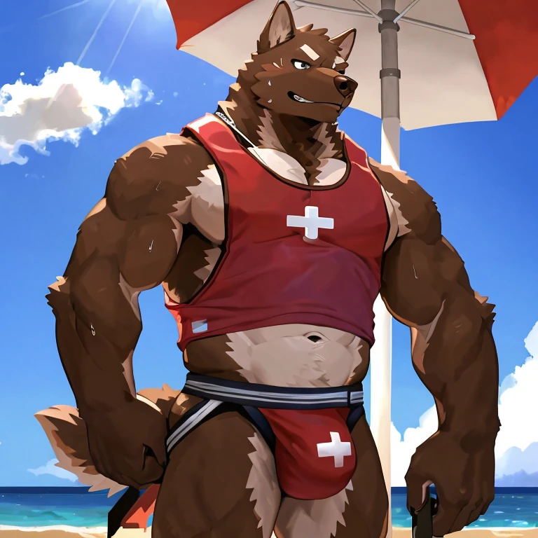 POV,top angle,sleep on stomach,lats,trapezius,butt lift,kemono, anthro (brown dog), male, (brown dog), muscular, back, red body, white belly ,sweat, ((correct anatomy)), stand near lifeguard chair, lifeguard chair, beach, perfect beach background, 1 boy, solo, wearing jockstrap, pain expression, canine tooth, hd, dark shadows, wide dynamic range, hdr, low light:1.2, front view, full body, canid, canine, canis, domesticbrown dog mammal, nordic sled brown dog, fullbody, full res, smile, lifeguard, wearing Tank top, full body, side view, full view