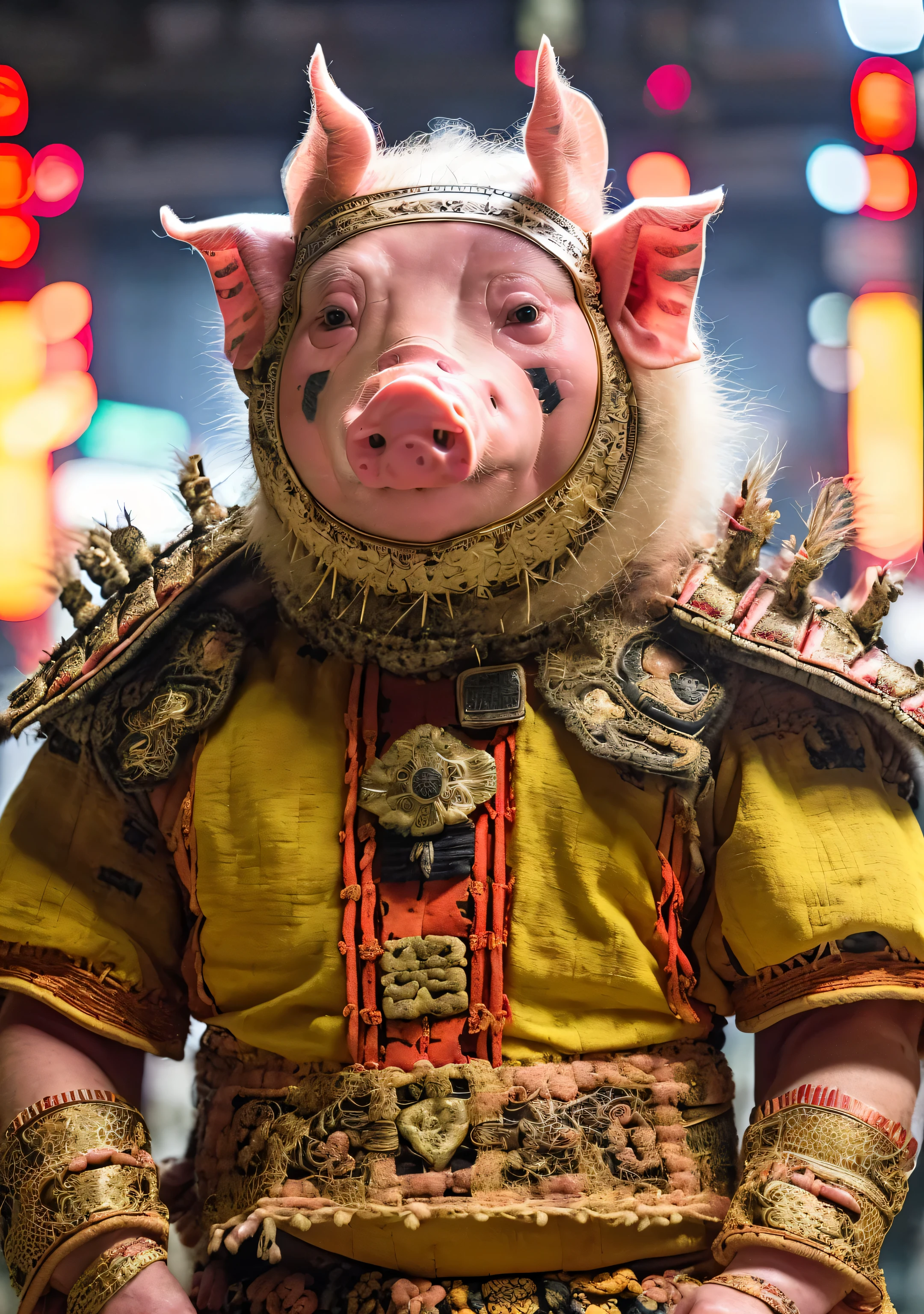 Close-up cleavage:(Pig Man mixed blood warrior photo:1.5),8K,Legend of Zhu Bajie,There are scars on the face,((Japanese traditional clothing1.5)),Expressions of anger,Chop on the hand,top quality, light, threatening gesture, fierce look, epic atmosphere,, (((full-body shot))), ((intricate details)), Japanese Trade Zone, ((intricate details, Ultra-detailed)), incandescent lamp, movie shot, vignette, Bokeh effect background, (full-body shot).