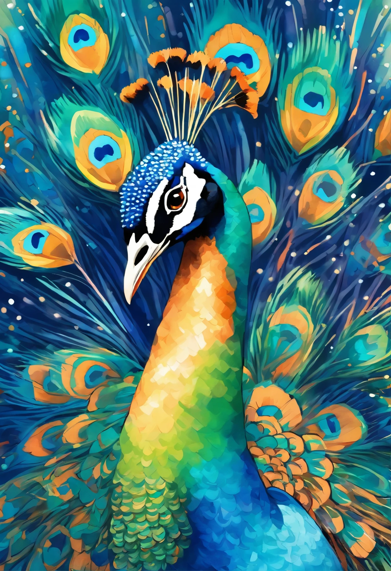painting of a peacock with blue feathers on a white background, a detailed painting by Charlotte Harding, flickr, pointillism, peacock. intricate, peacock colors, peacock, beautiful detail and color, masterful detailed watercolor, 9 peacock tails, painted in bright water colors, 9 brilliant peacock tails, water color and pen