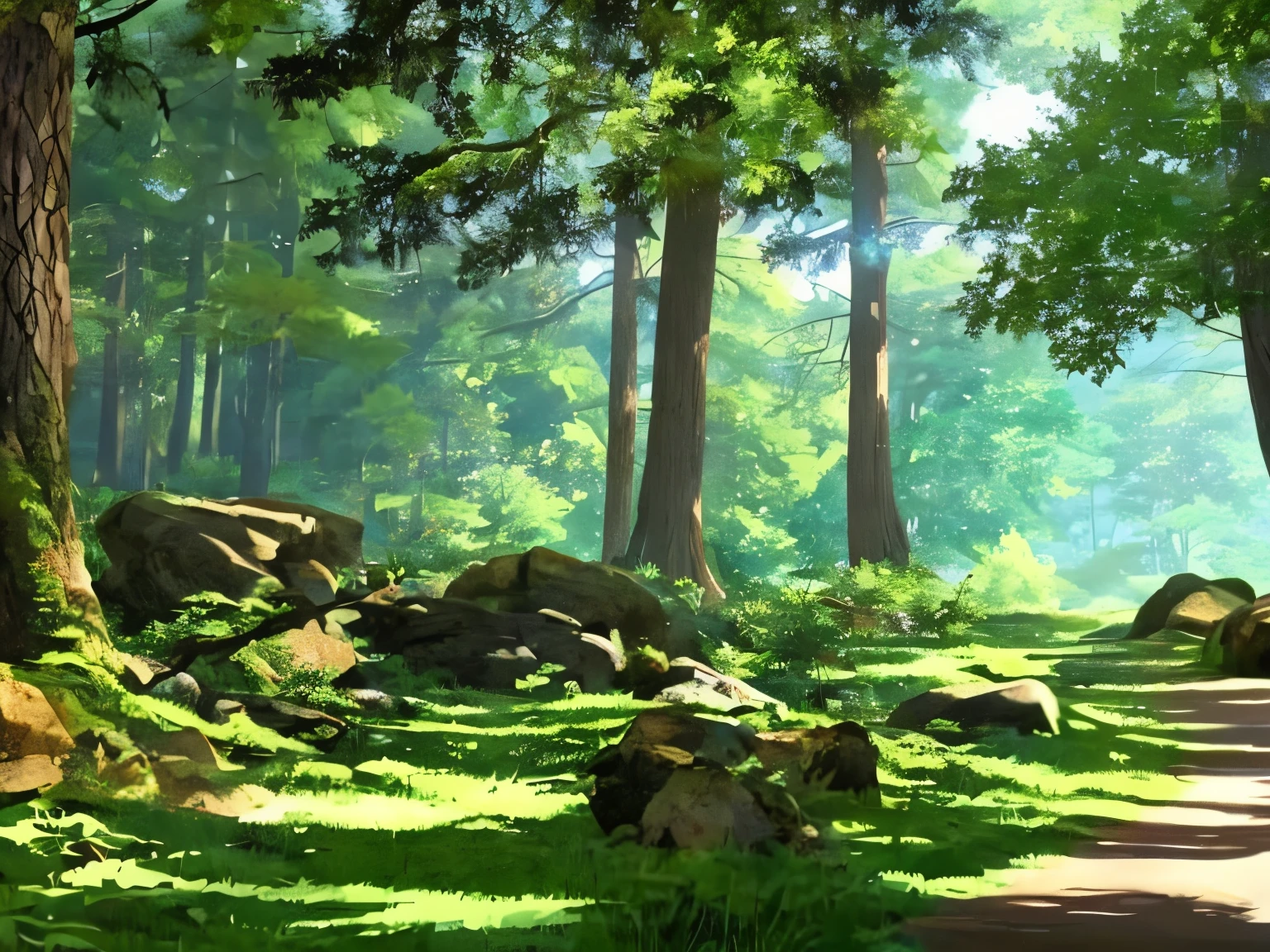 woods, trees, rocks, anime,