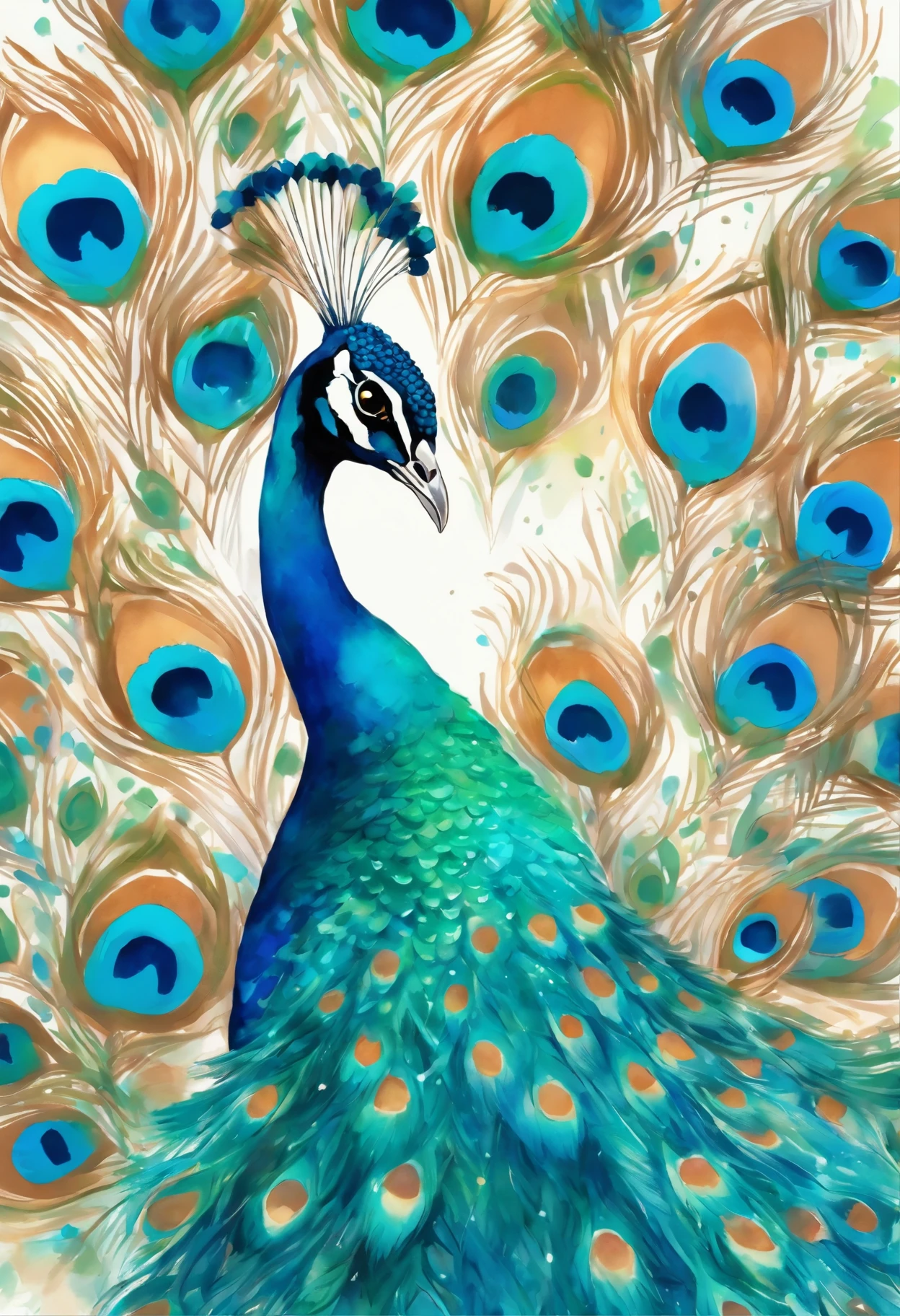 painting of a peacock with blue feathers on a white background, peacock. intricate, peacock colors, peacock, beautiful detail and color, masterful detailed watercolor, 9 peacock tails, painted in bright water colors, 9 brilliant peacock tails, water color and pen, by Charlotte Harding, watercolor and ink, by Mardi Barrie