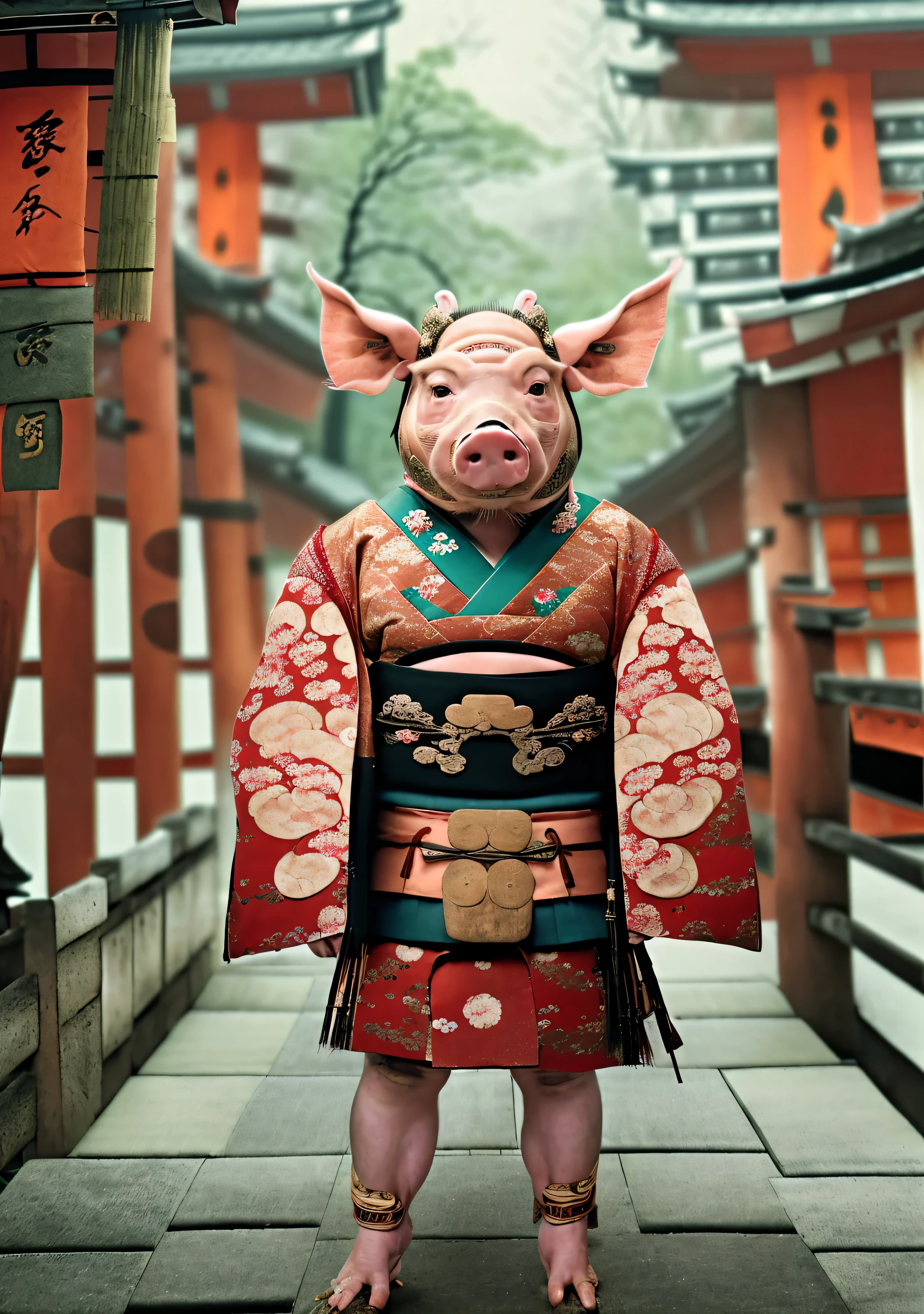 Close-up cleavage:(Pig Man mixed blood warrior photo:1.5),8K,Legend of Zhu Bajie,There are scars on the face,((Japanese traditional clothing:1.8)),Expressions of anger,Chop on the hand,top quality, light, threatening gesture, fierce look, epic atmosphere,, (((full-body shot))), ((intricate details)), Japanese Trade Zone, ((intricate details, Ultra-detailed)), incandescent lamp, movie shot, vignette, Bokeh effect background, (full-body shot).
